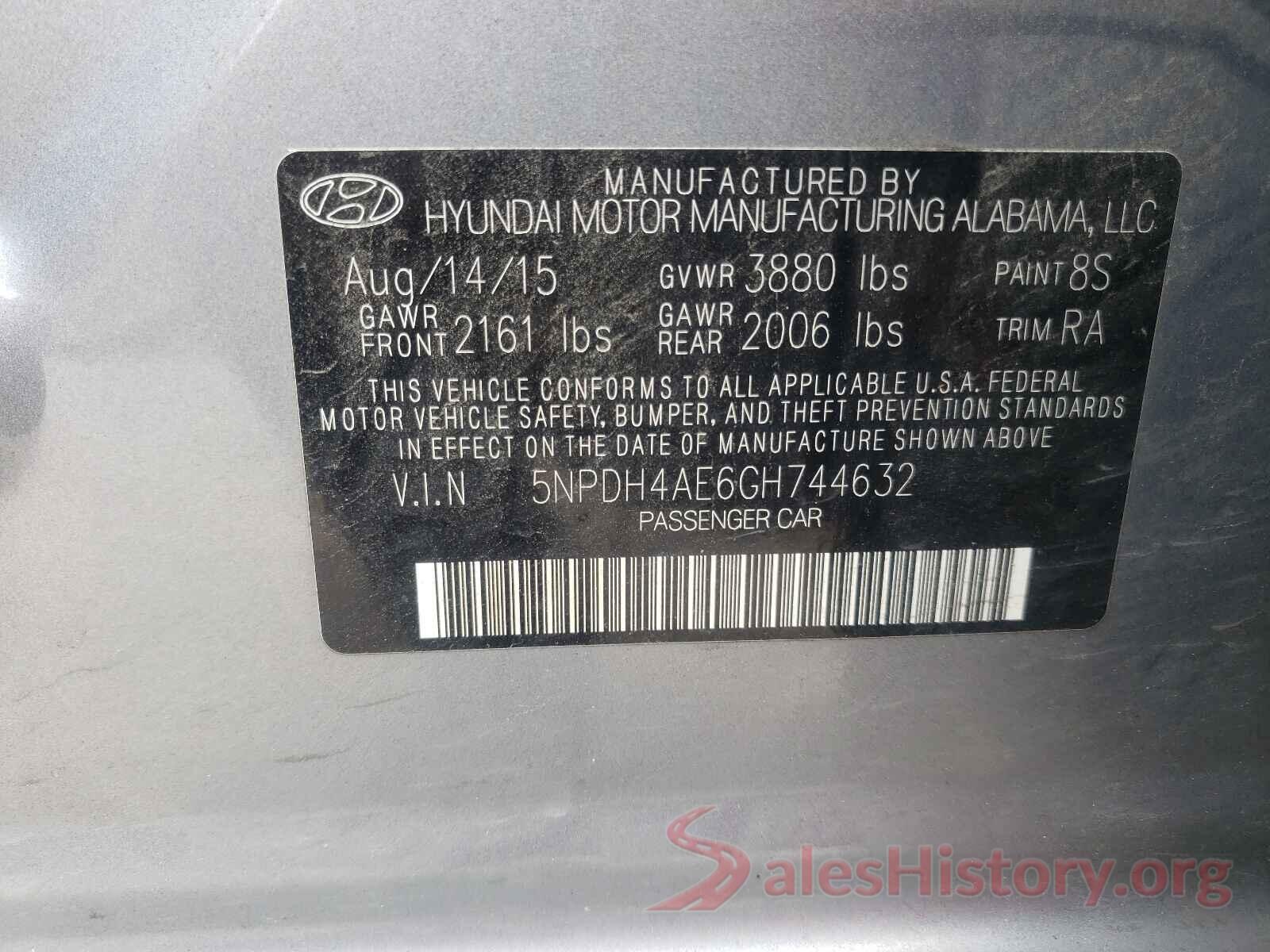 5NPDH4AE6GH744632 2016 HYUNDAI ELANTRA