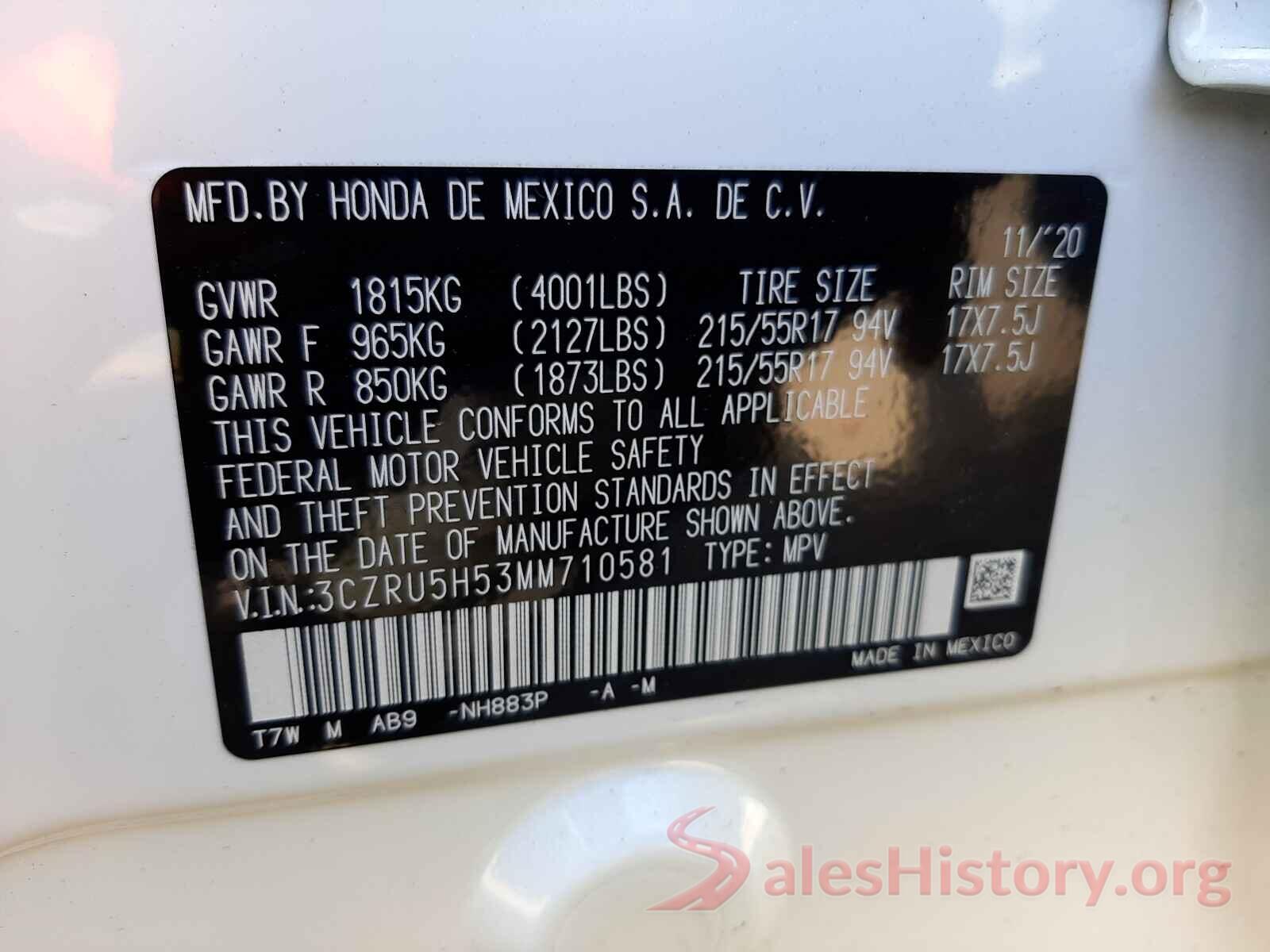 3CZRU5H53MM710581 2021 HONDA HR-V