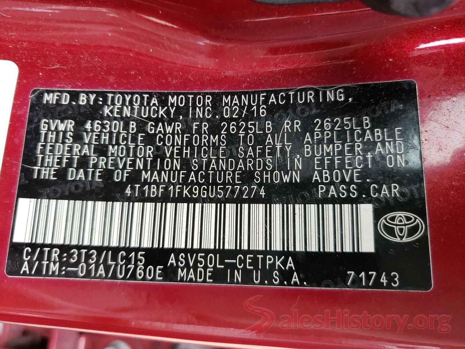 4T1BF1FK9GU577274 2016 TOYOTA CAMRY