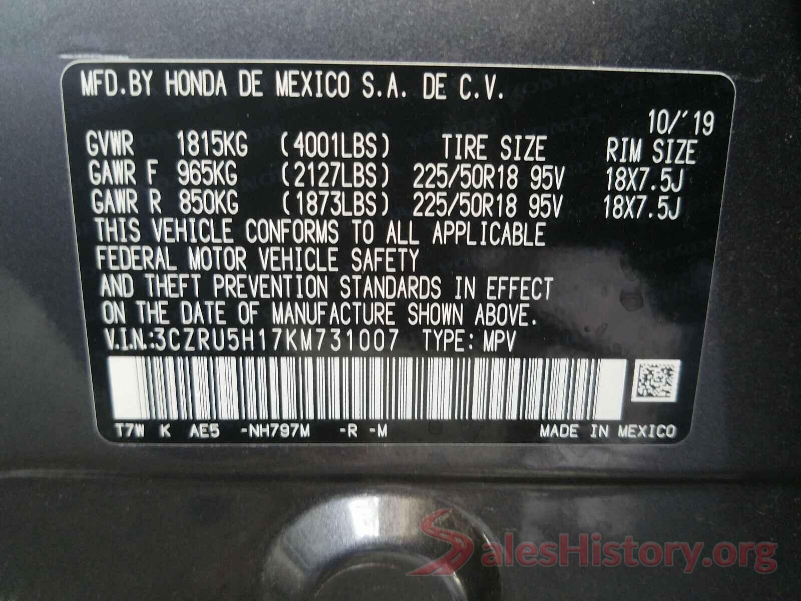 3CZRU5H17KM731007 2019 HONDA HR-V