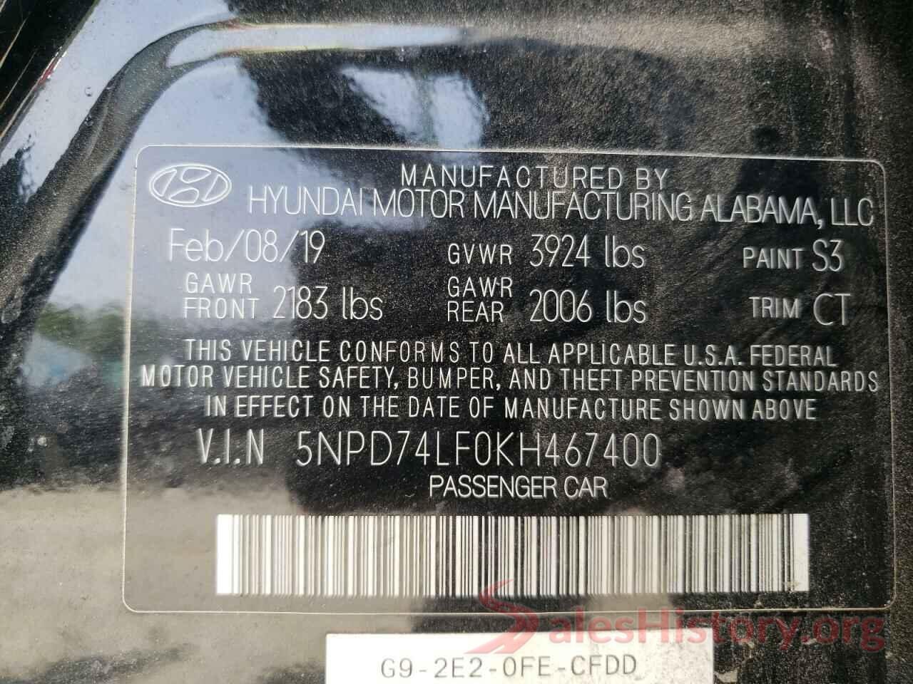 5NPD74LF0KH467400 2019 HYUNDAI ELANTRA