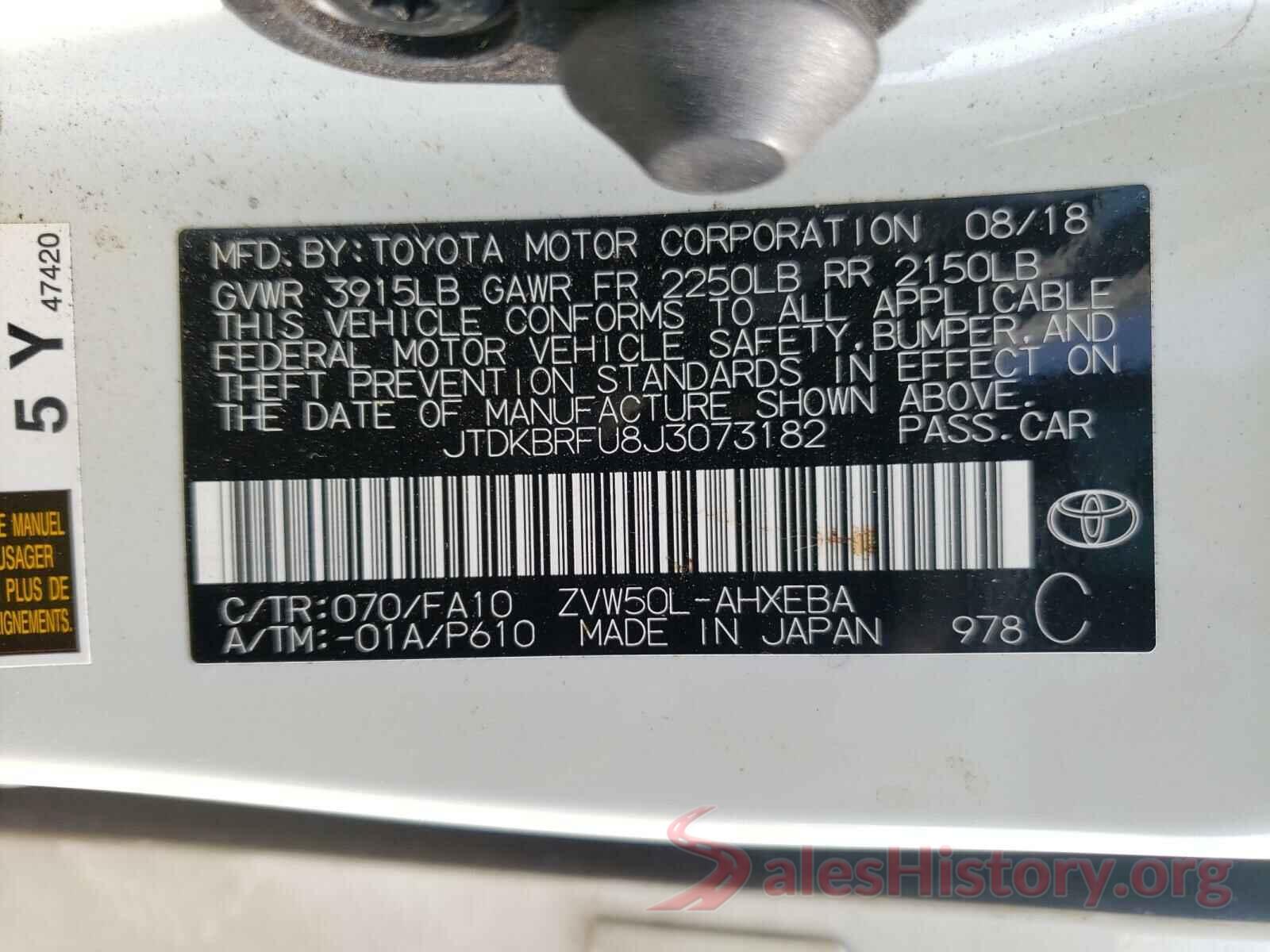 JTDKBRFU8J3073182 2018 TOYOTA PRIUS