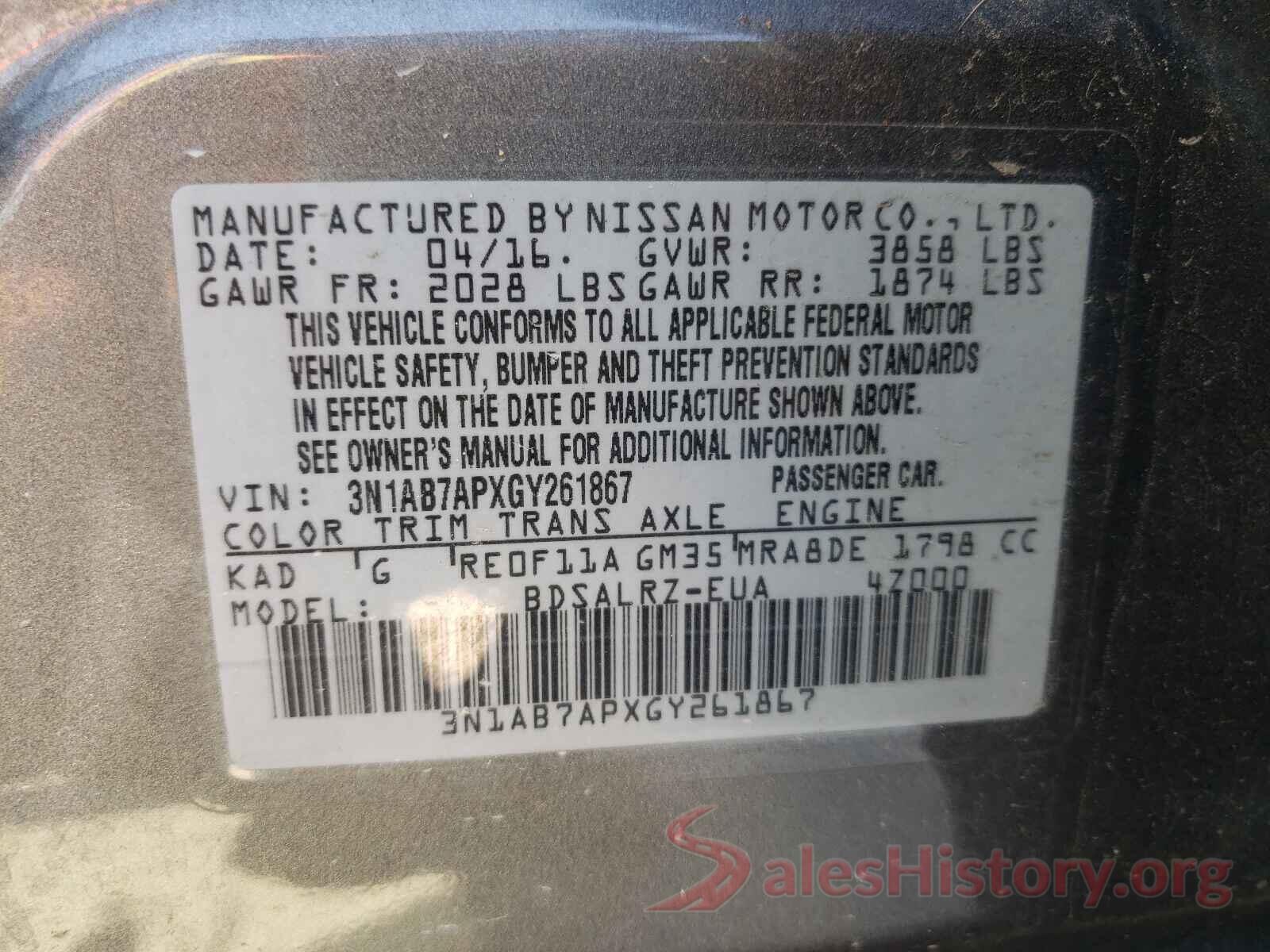 3N1AB7APXGY261867 2016 NISSAN SENTRA