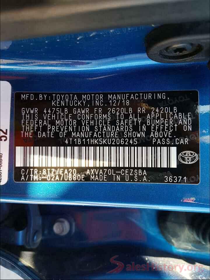 4T1B11HK5KU206245 2019 TOYOTA CAMRY