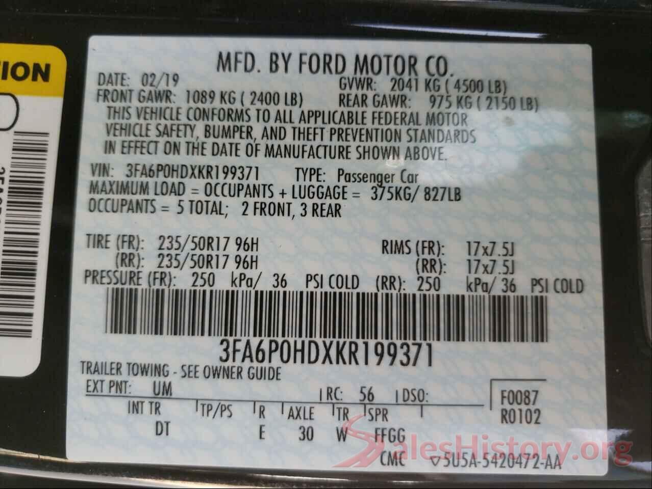 3FA6P0HDXKR199371 2019 FORD FUSION