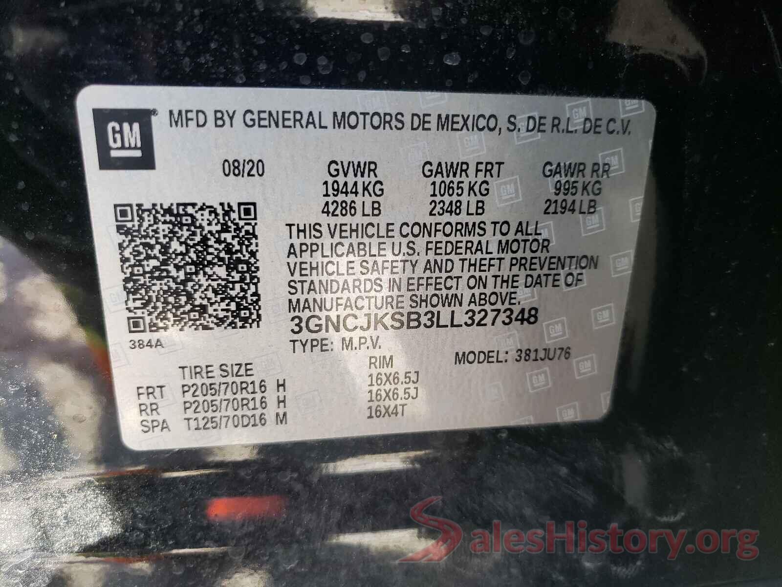 3GNCJKSB3LL327348 2020 CHEVROLET TRAX