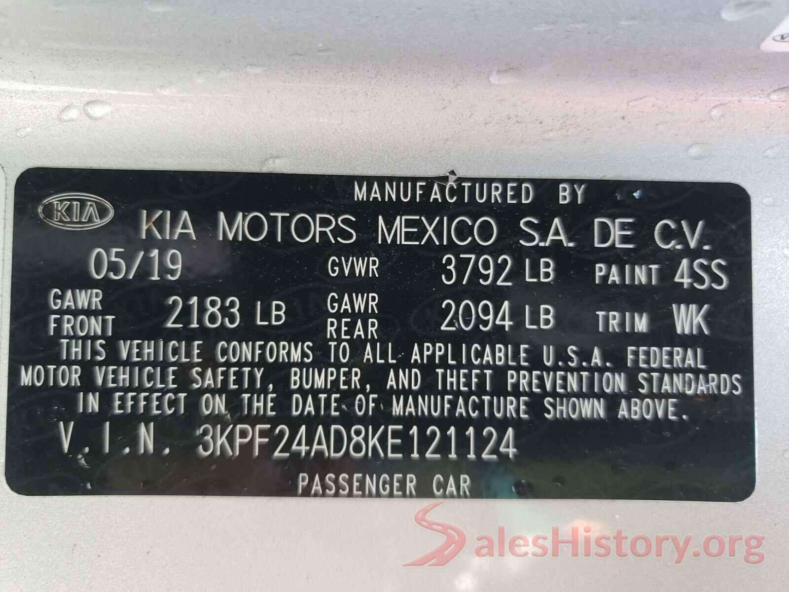 3KPF24AD8KE121124 2019 KIA FORTE