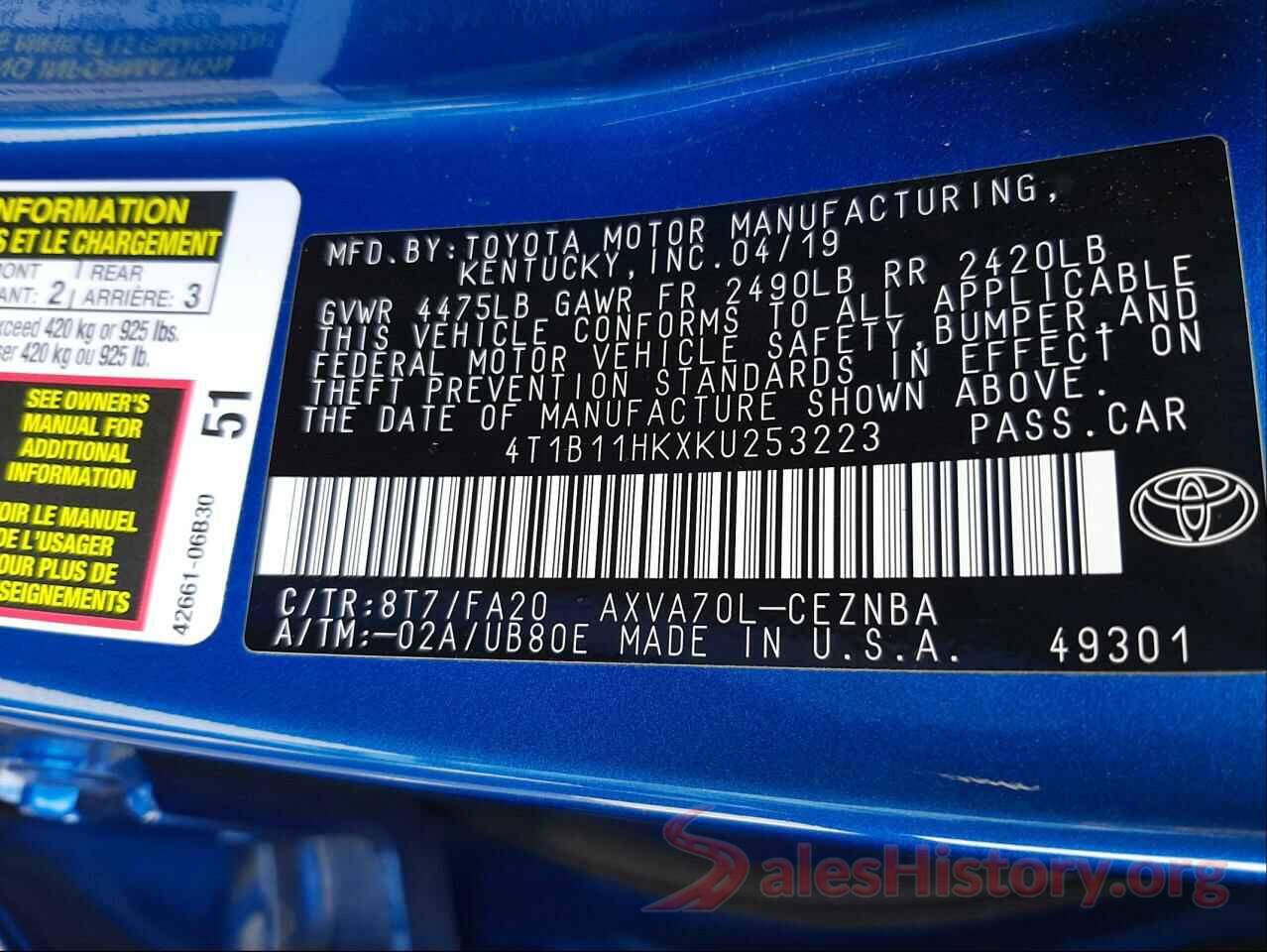 4T1B11HKXKU253223 2019 TOYOTA CAMRY