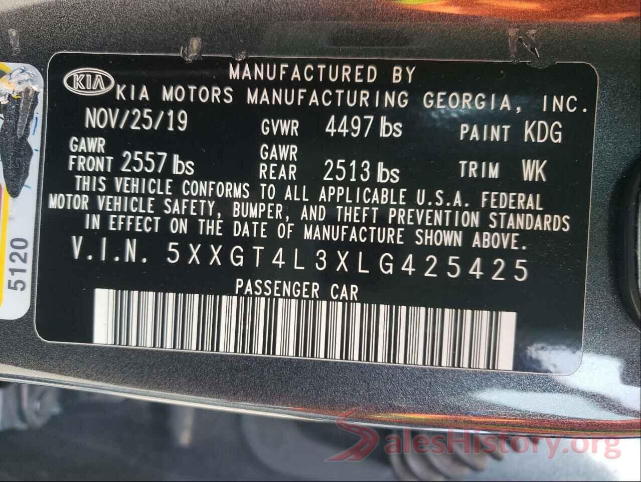 5XXGT4L3XLG425425 2020 KIA OPTIMA