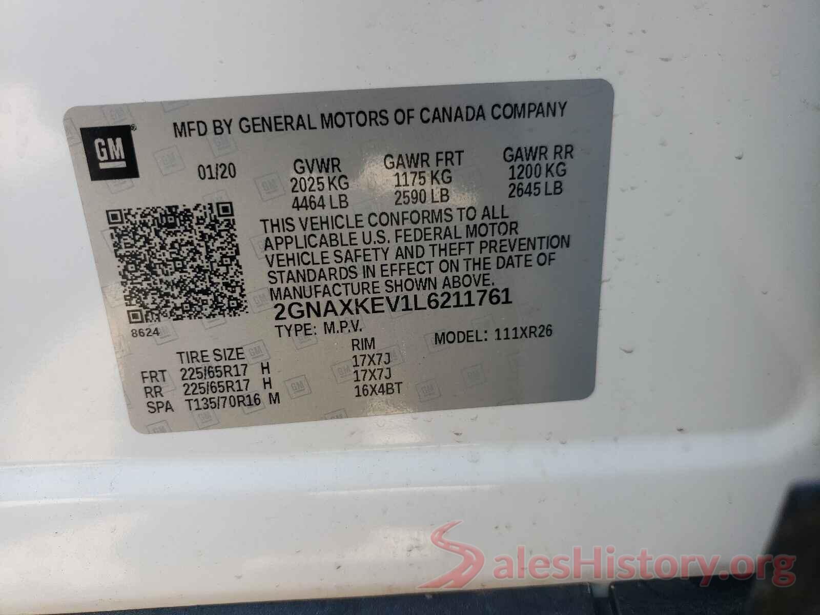 2GNAXKEV1L6211761 2020 CHEVROLET EQUINOX