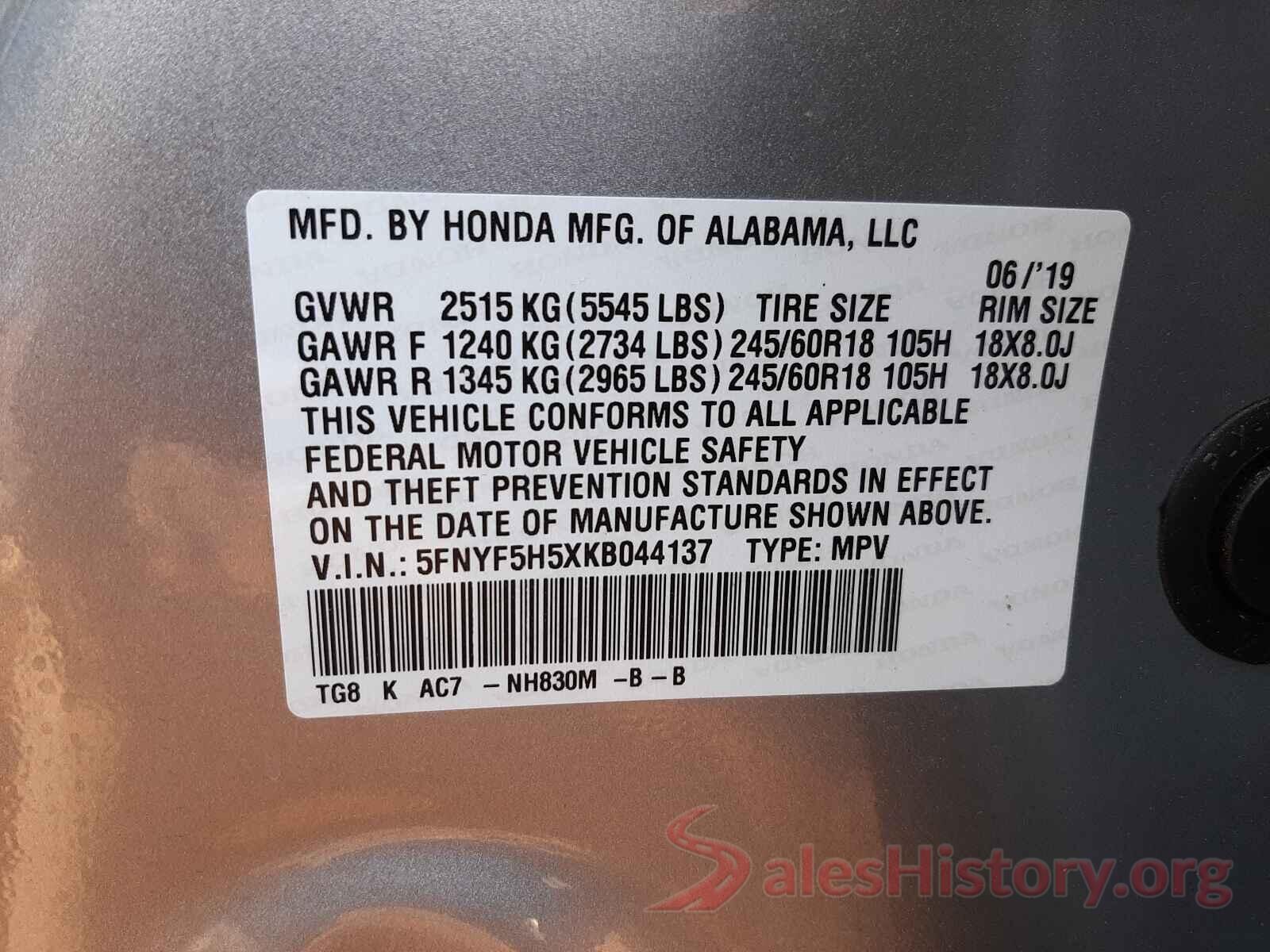 5FNYF5H5XKB044137 2019 HONDA PILOT