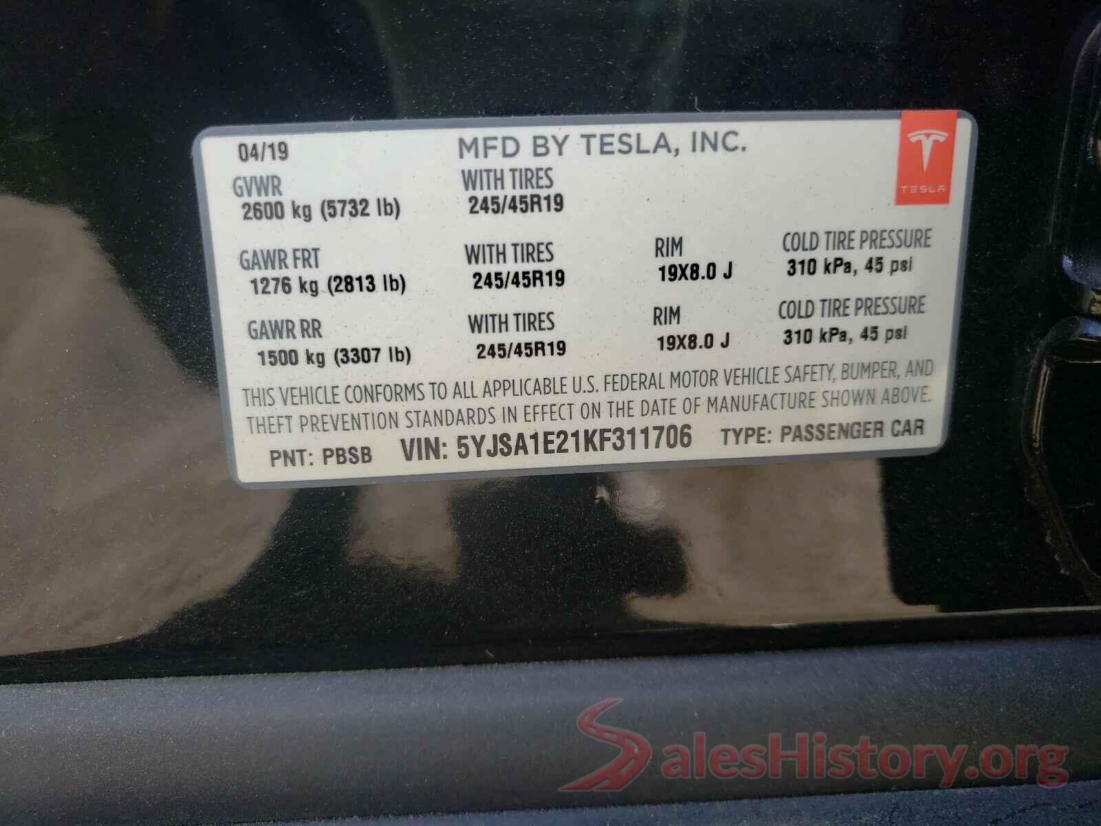 5YJSA1E21KF311706 2019 TESLA MODEL S