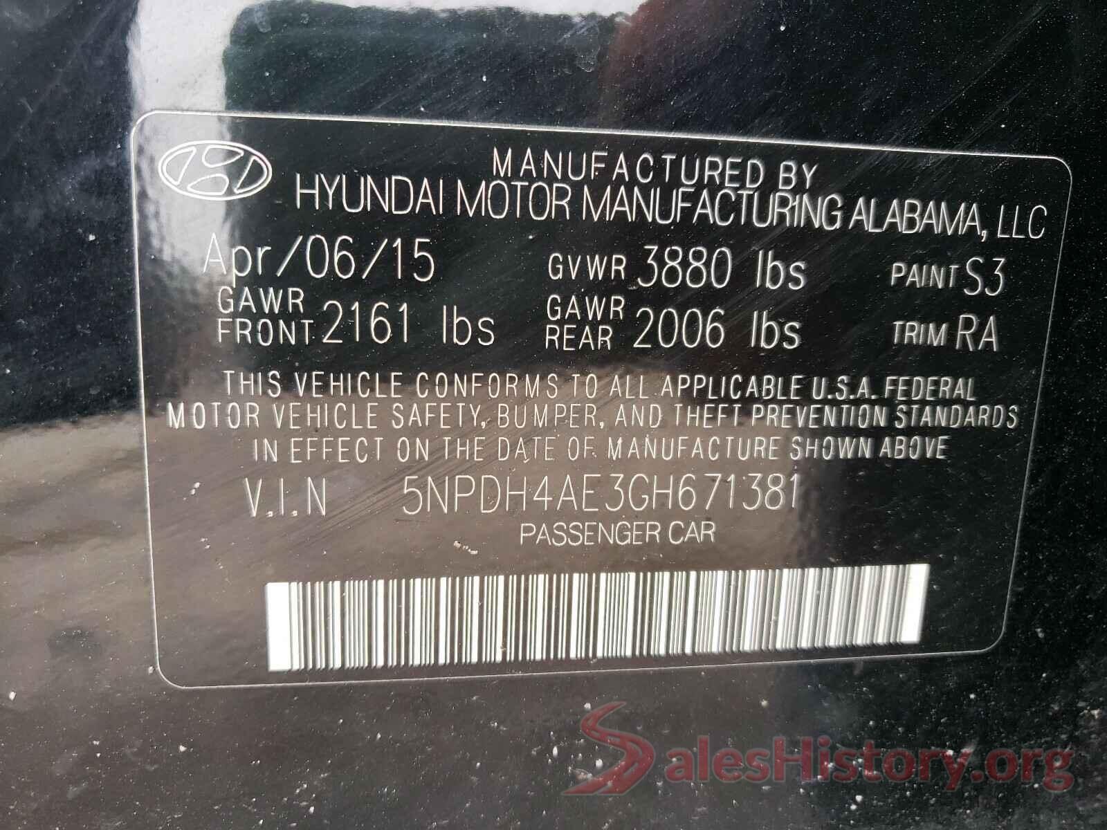 5NPDH4AE3GH671381 2016 HYUNDAI ELANTRA