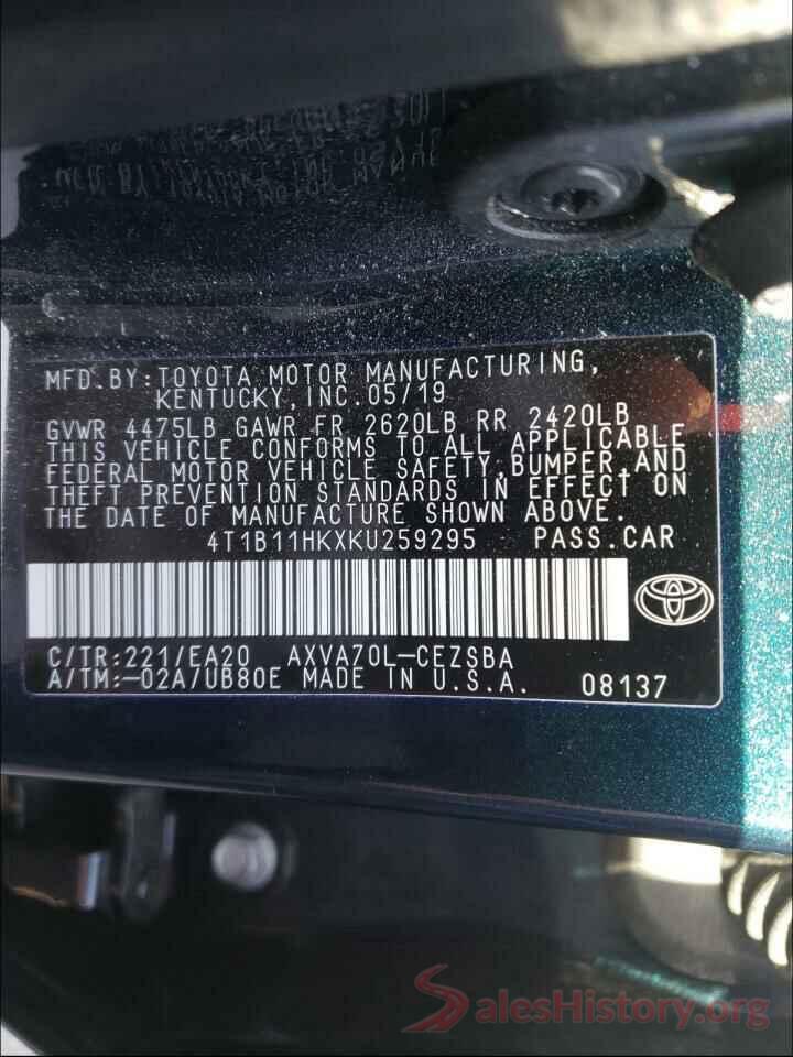 4T1B11HKXKU259295 2019 TOYOTA CAMRY