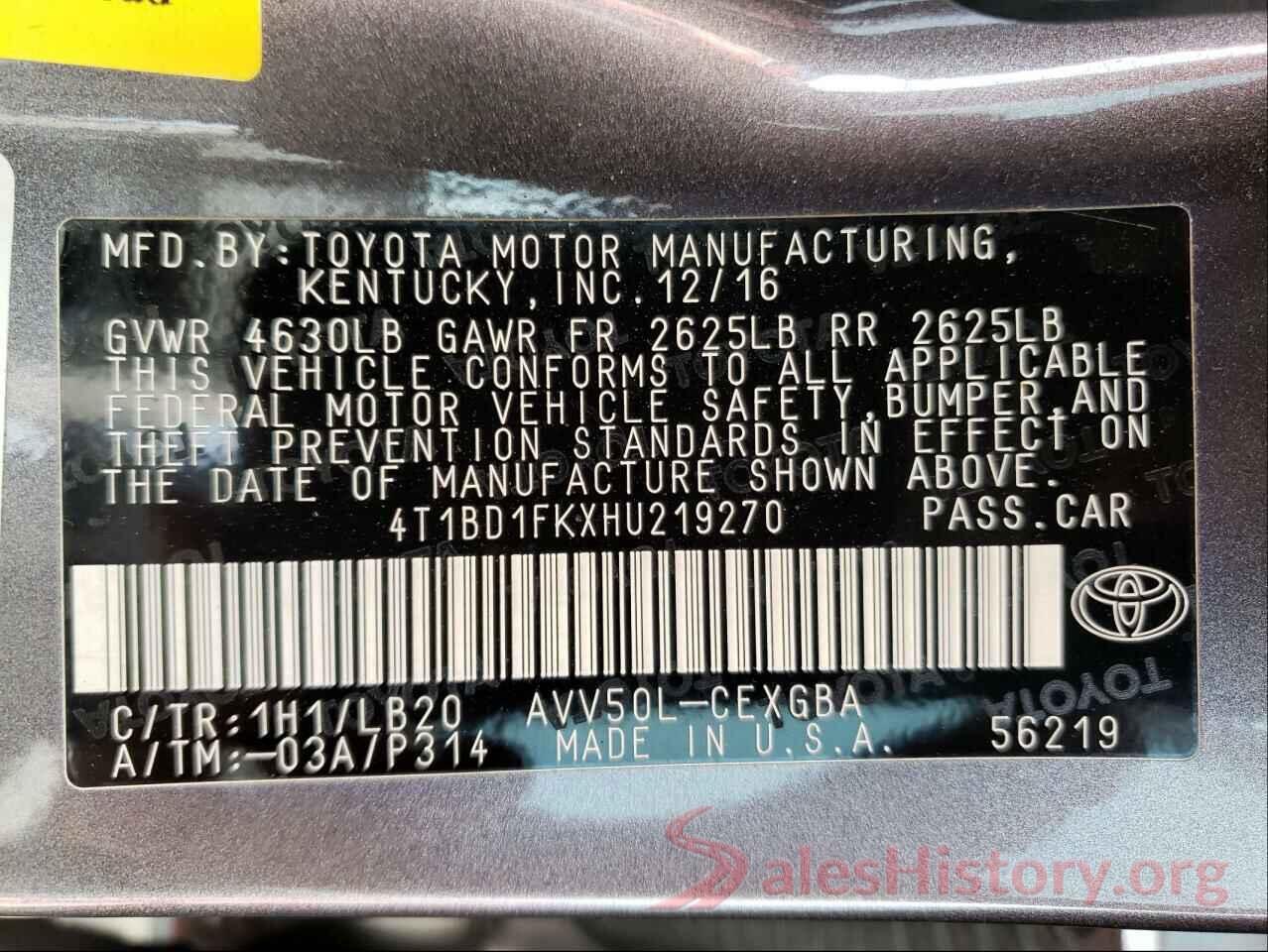 4T1BD1FKXHU219270 2017 TOYOTA CAMRY