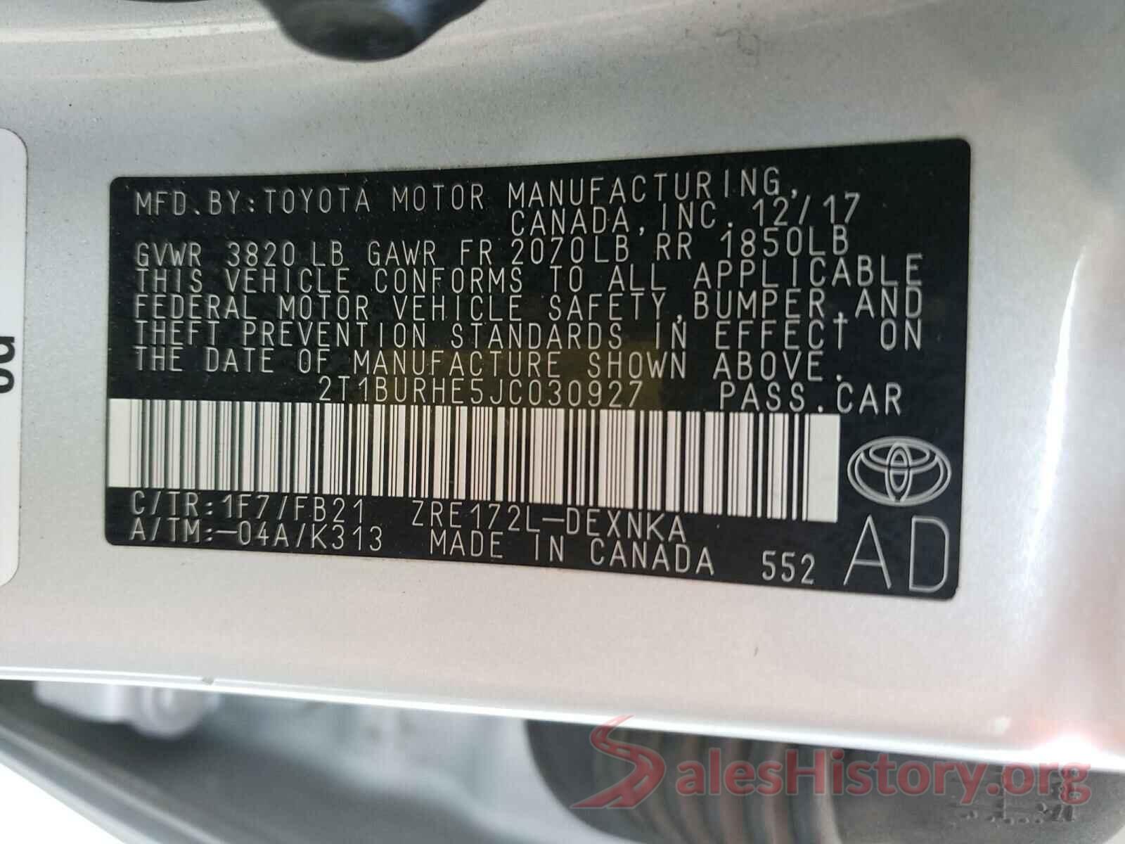 2T1BURHE5JC030927 2018 TOYOTA COROLLA