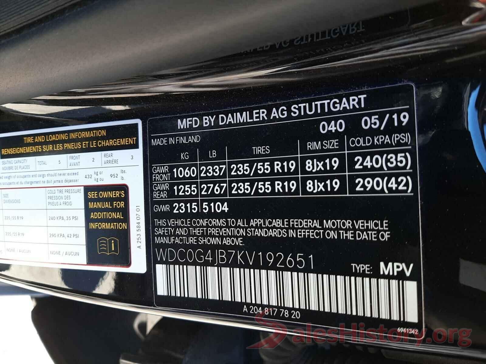 WDC0G4JB7KV192651 2019 MERCEDES-BENZ G CLASS