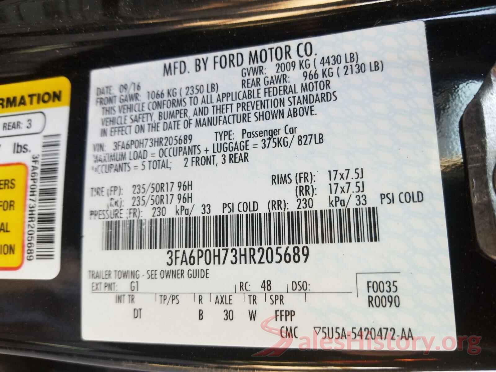 3FA6P0H73HR205689 2017 FORD FUSION