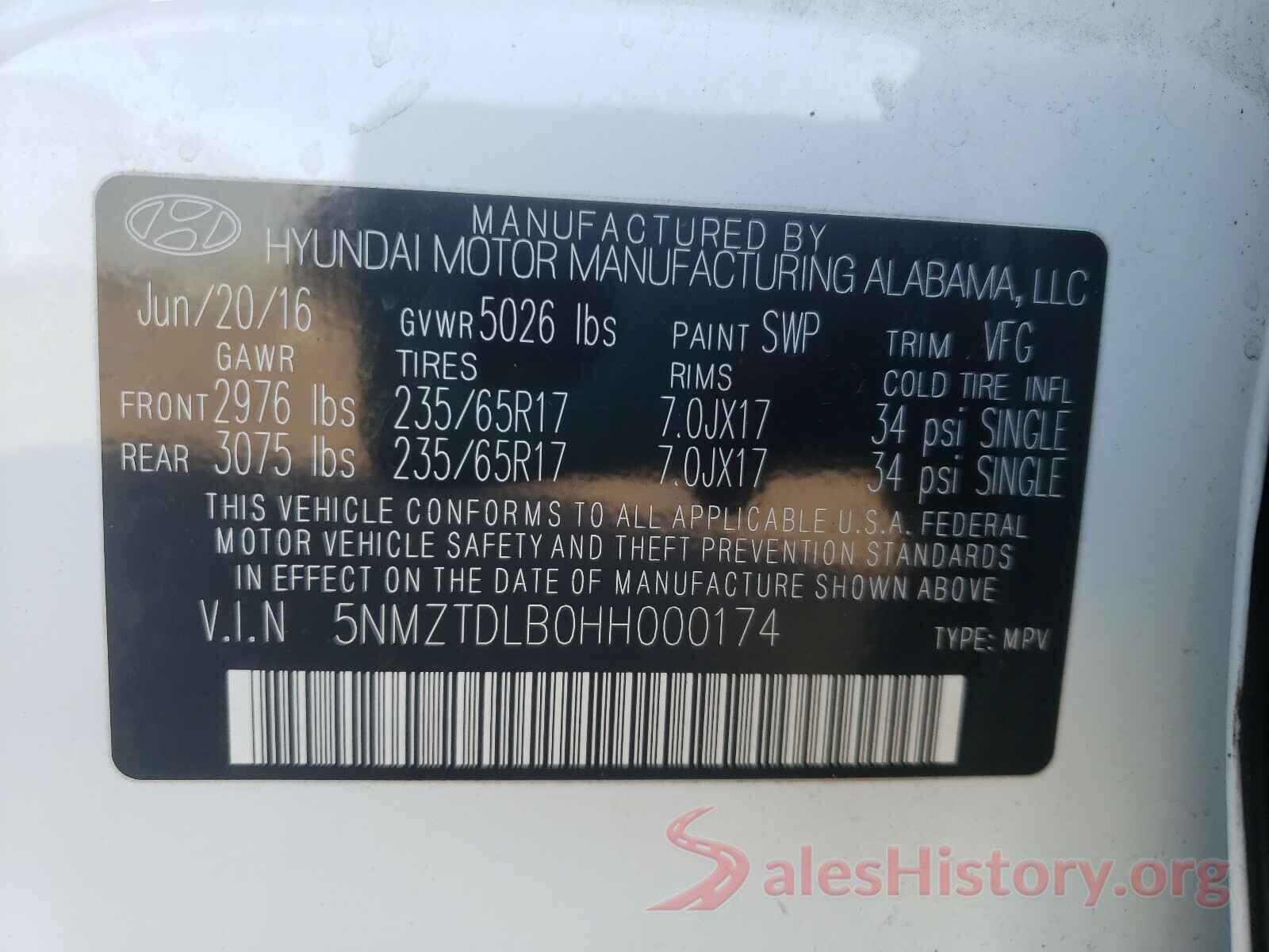 5NMZTDLB0HH000174 2017 HYUNDAI SANTA FE