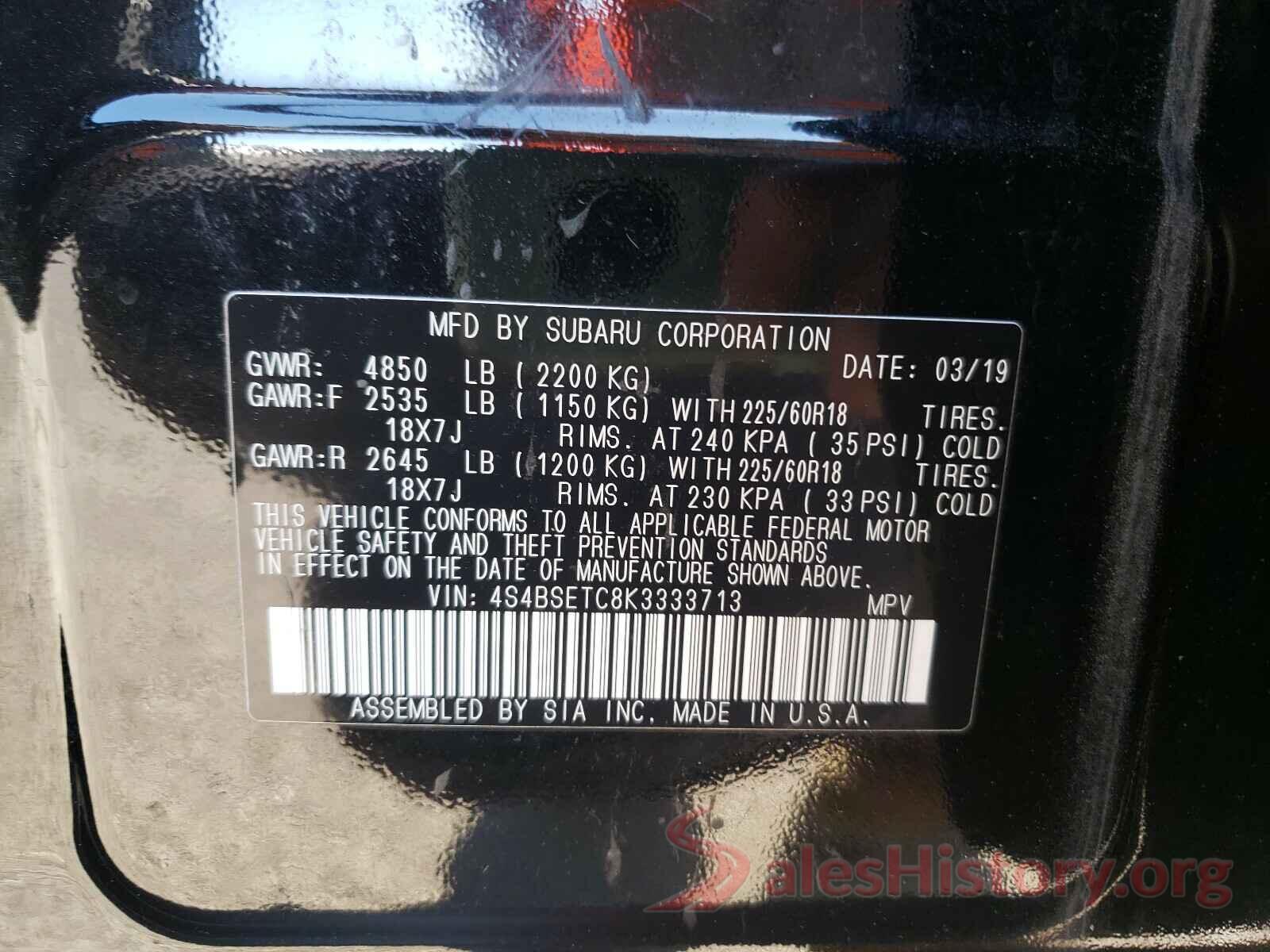 4S4BSETC8K3333713 2019 SUBARU OUTBACK