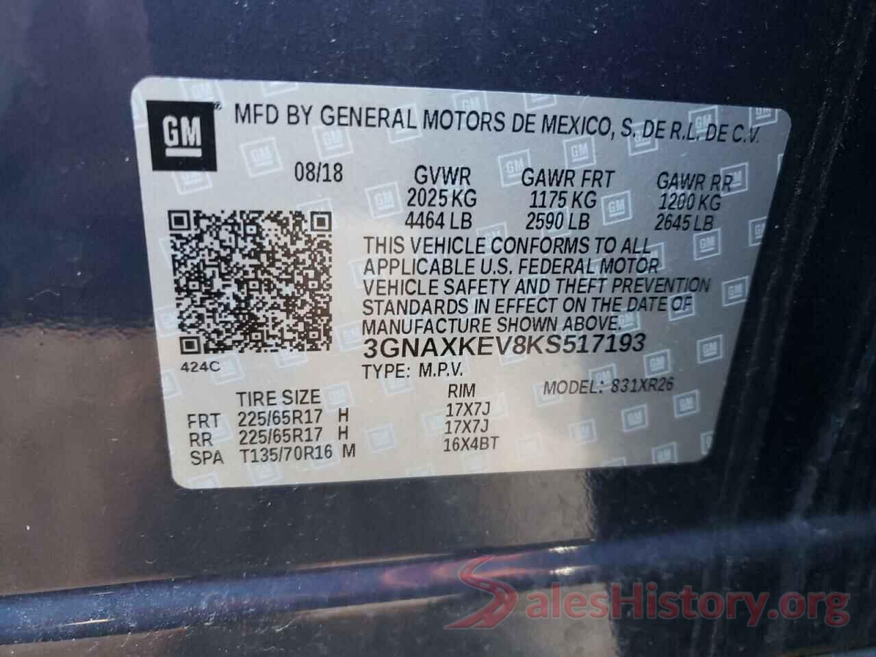 3GNAXKEV8KS517193 2019 CHEVROLET EQUINOX