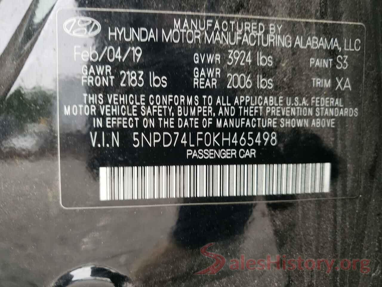 5NPD74LF0KH465498 2019 HYUNDAI ELANTRA