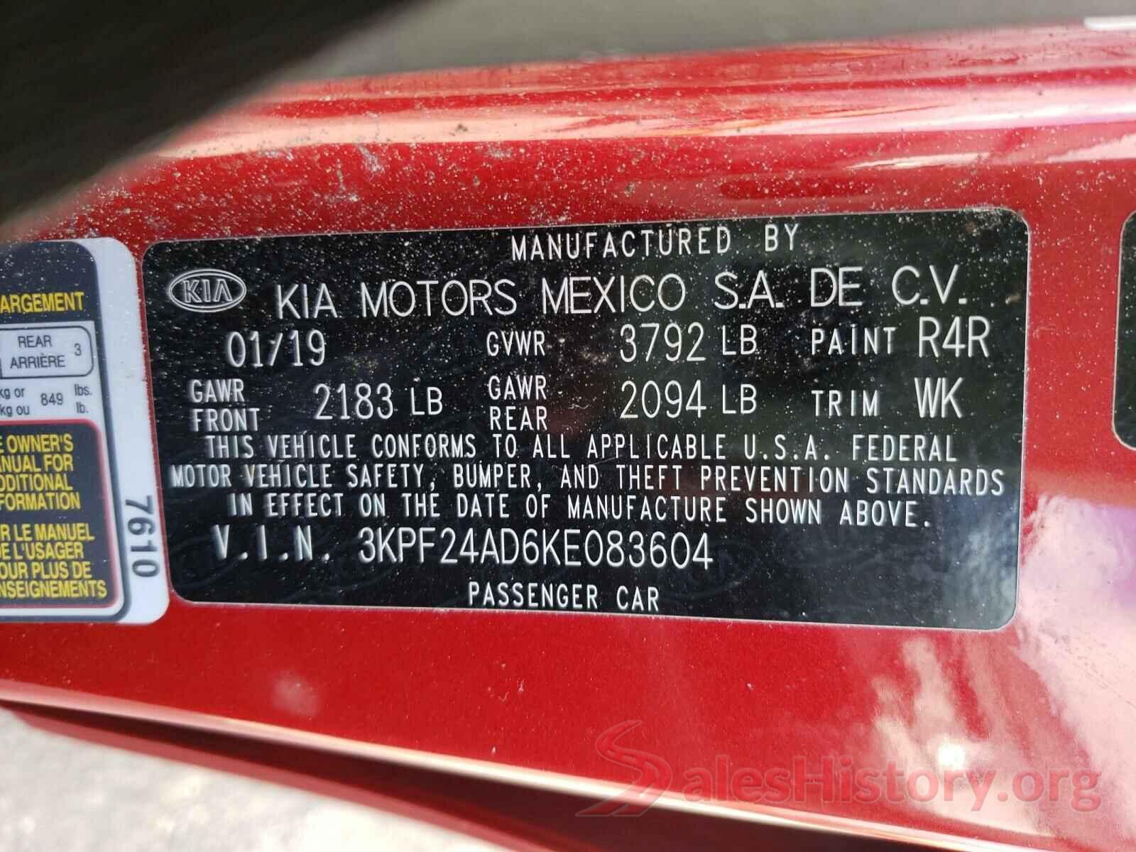 3KPF24AD6KE083604 2019 KIA FORTE