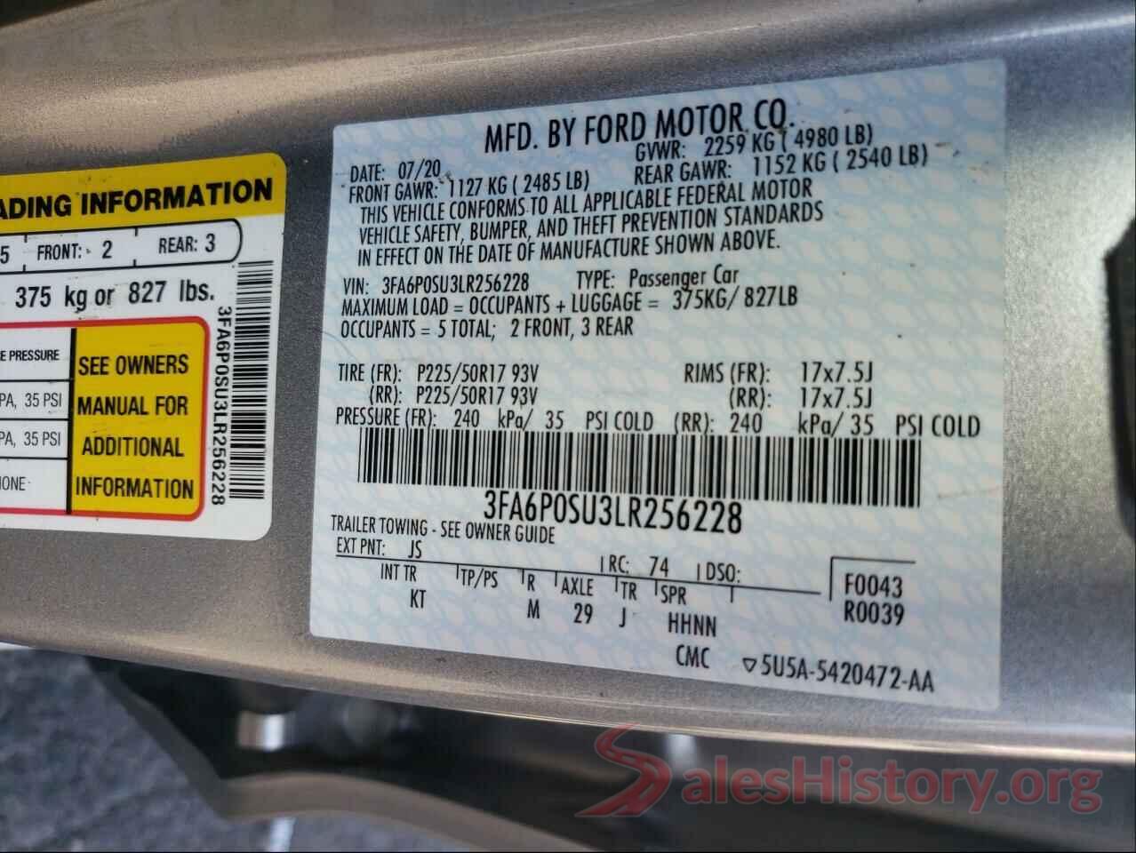 3FA6P0SU3LR256228 2020 FORD FUSION