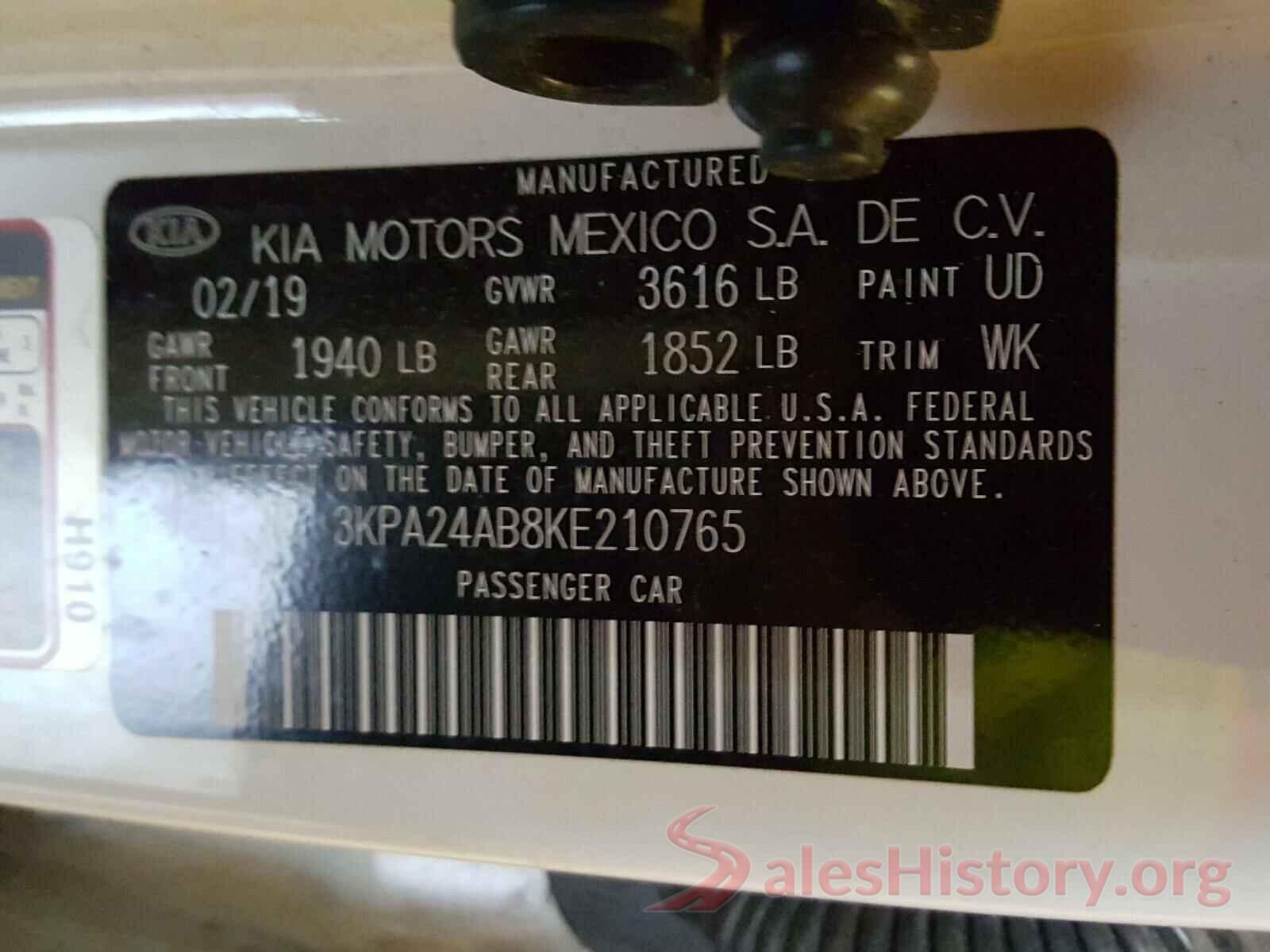 3KPA24AB8KE210765 2019 KIA RIO