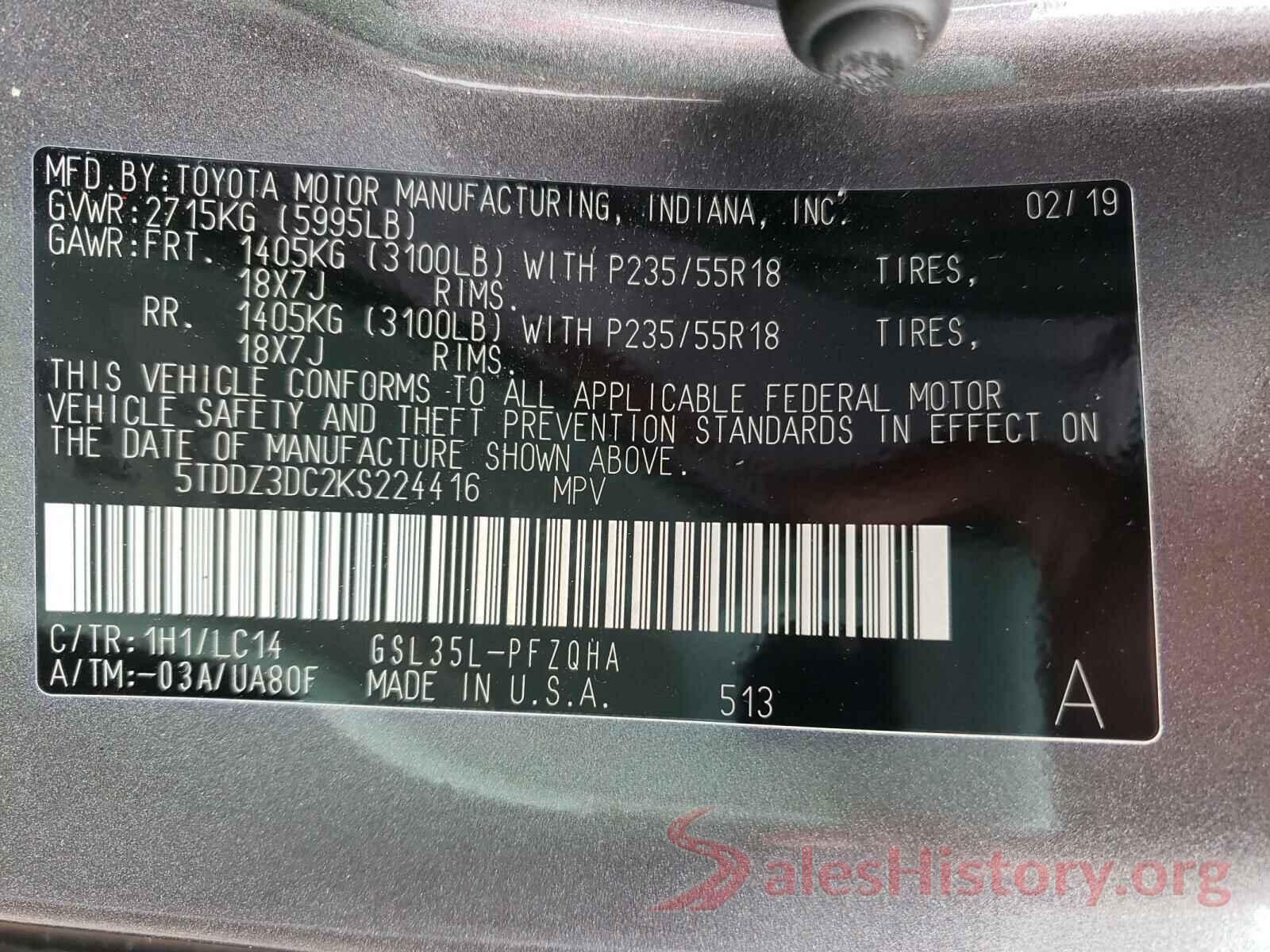 5TDDZ3DC2KS224416 2019 TOYOTA SIENNA