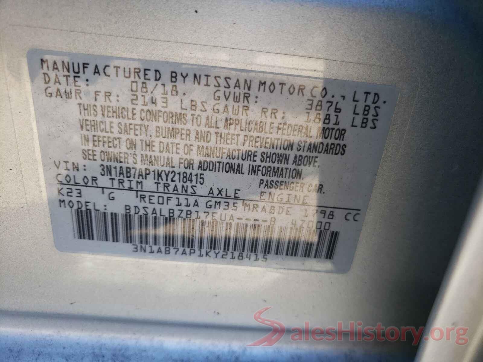 3N1AB7AP1KY218415 2019 NISSAN SENTRA