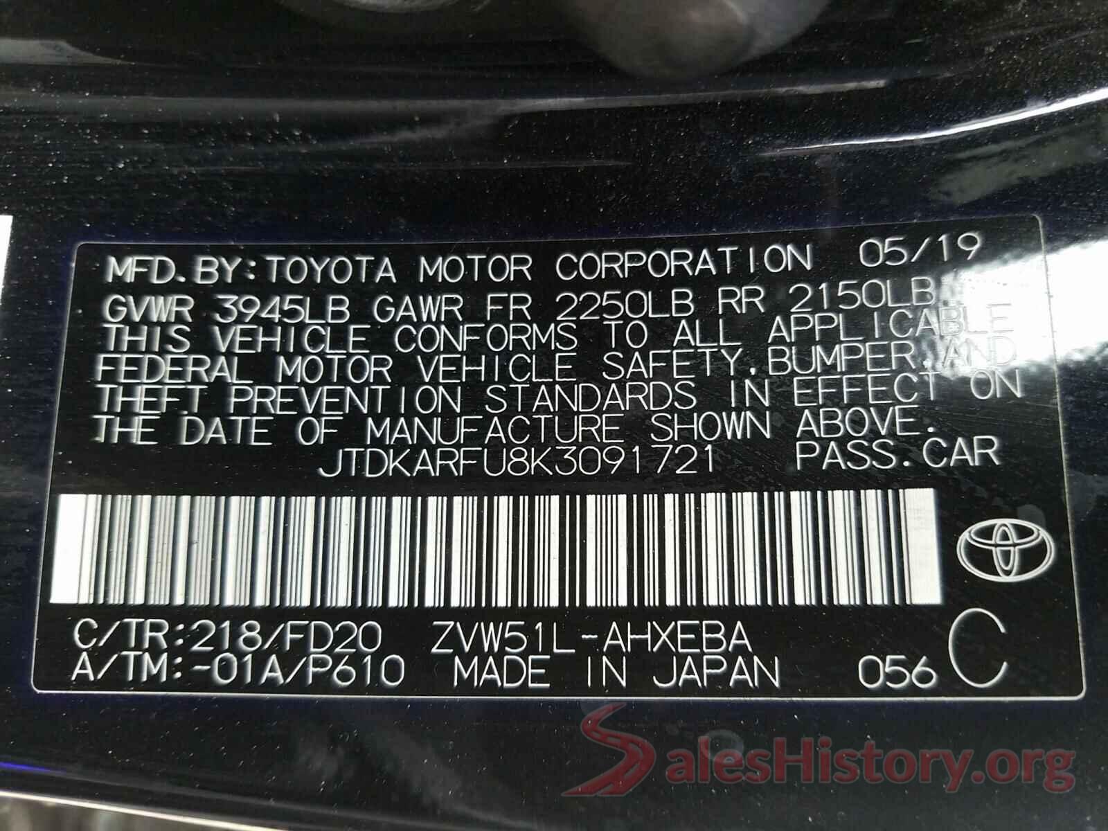 JTDKARFU8K3091721 2019 TOYOTA PRIUS