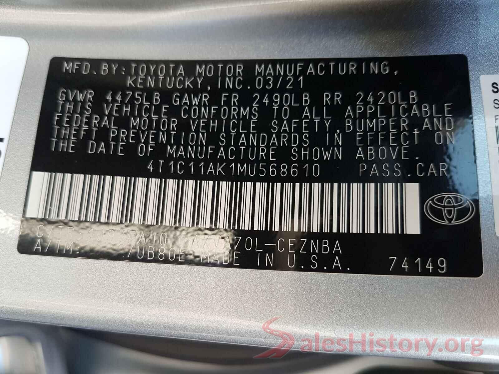 4T1C11AK1MU568610 2021 TOYOTA CAMRY