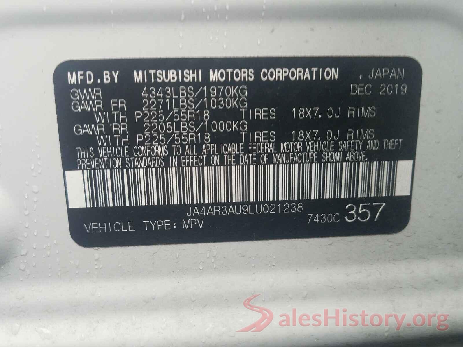 JA4AR3AU9LU021238 2020 MITSUBISHI OUTLANDER