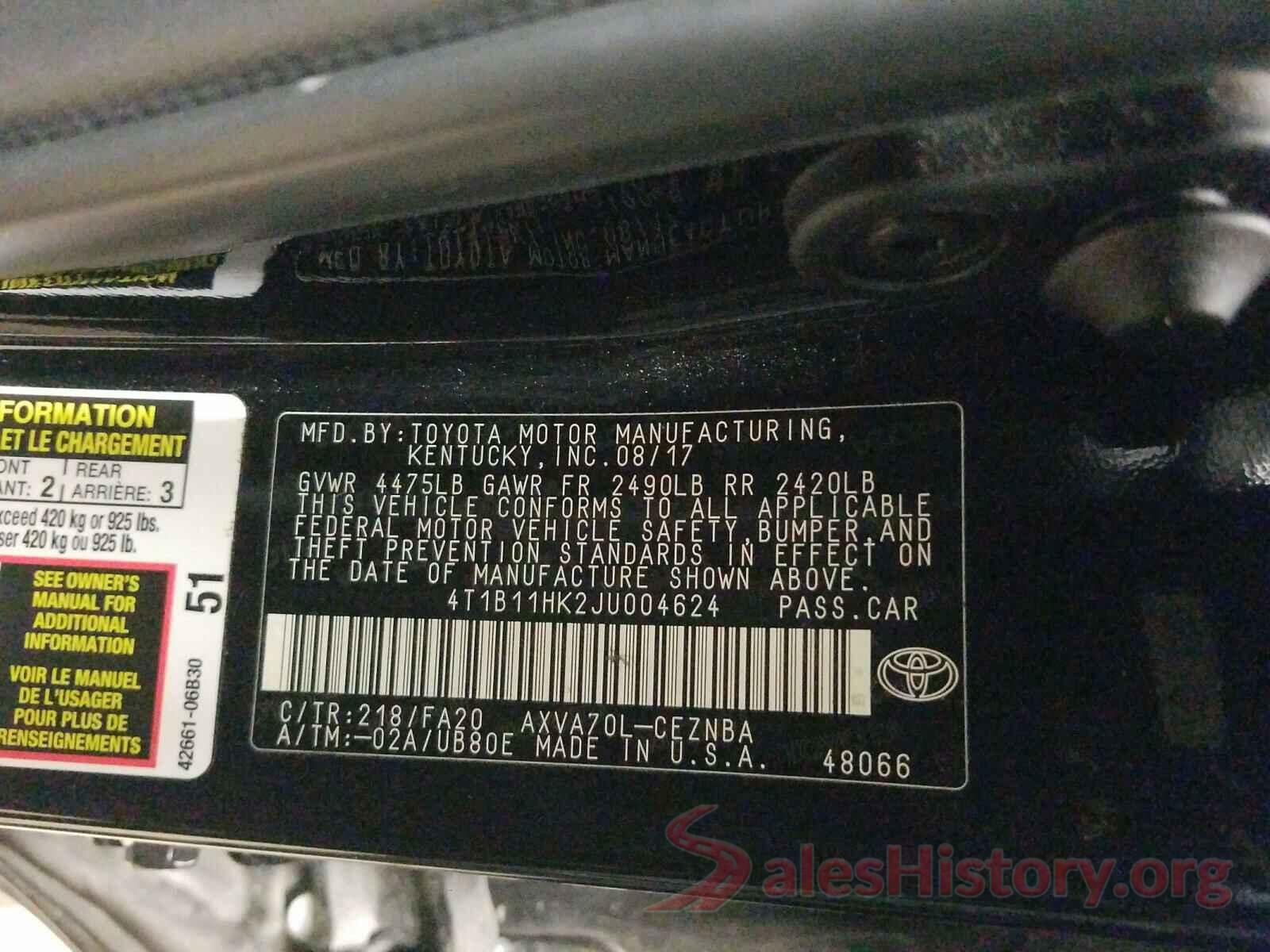 4T1B11HK2JU004624 2018 TOYOTA CAMRY