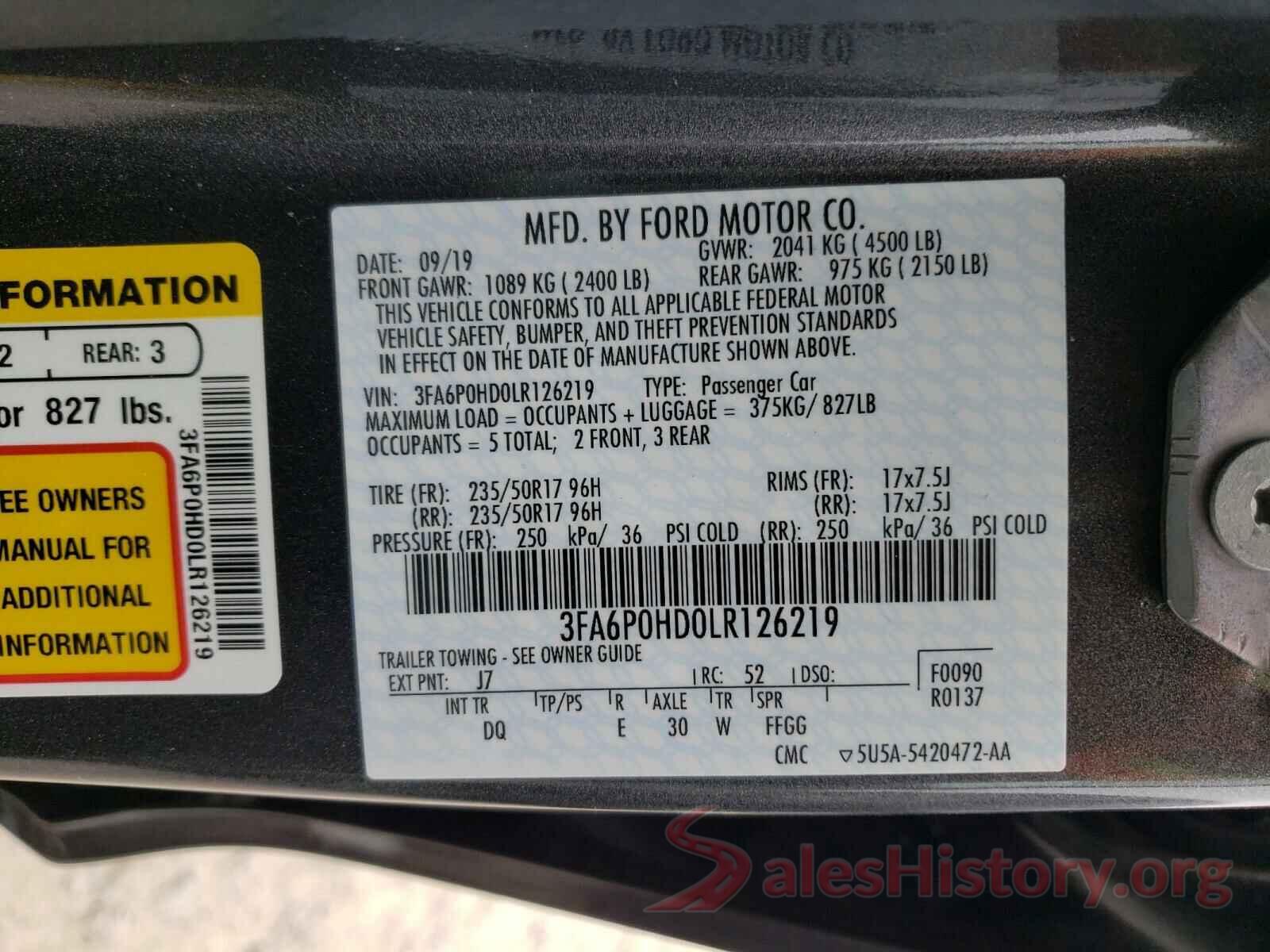 3FA6P0HD0LR126219 2020 FORD FUSION