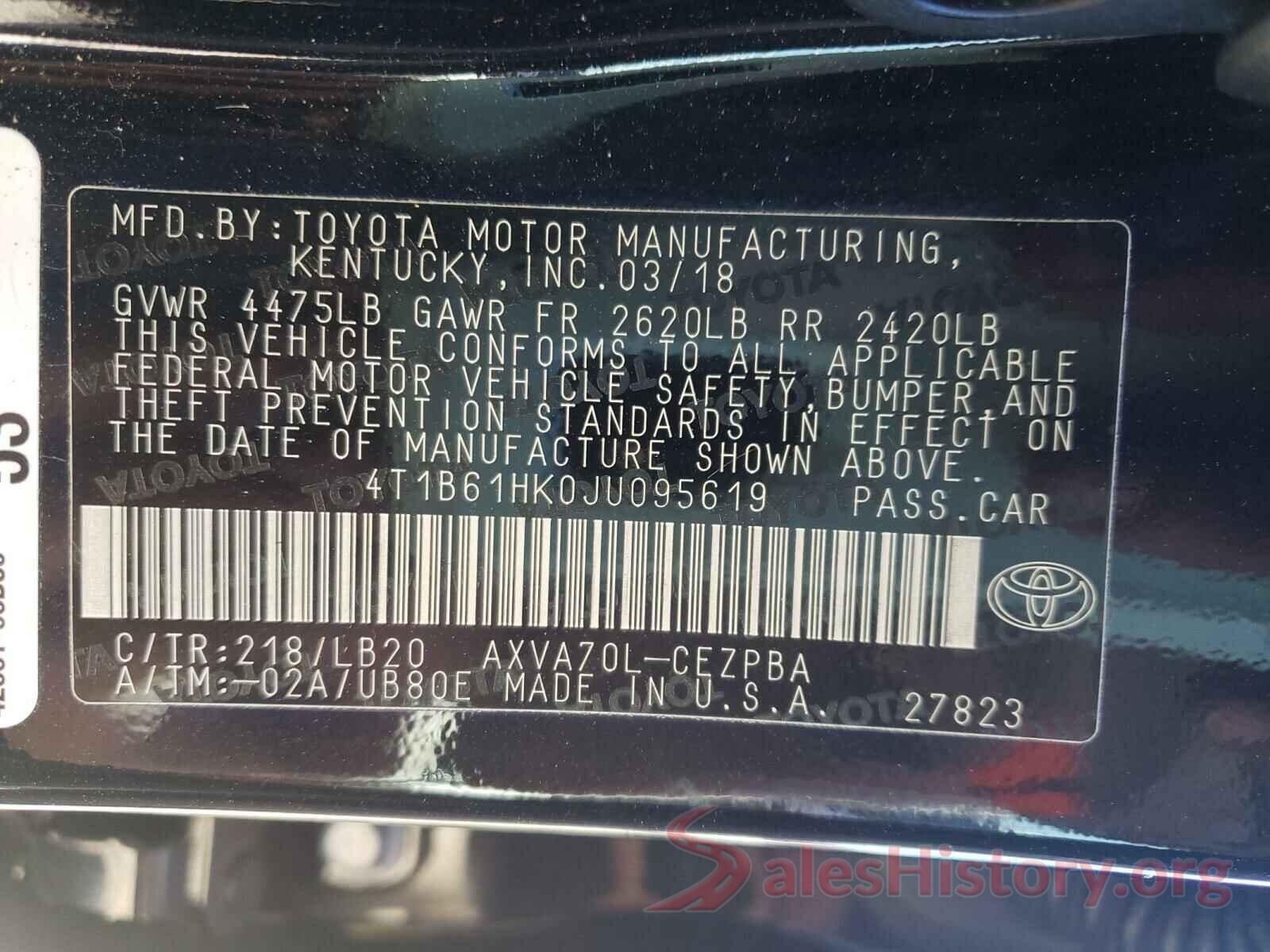 4T1B61HK0JU095619 2018 TOYOTA CAMRY