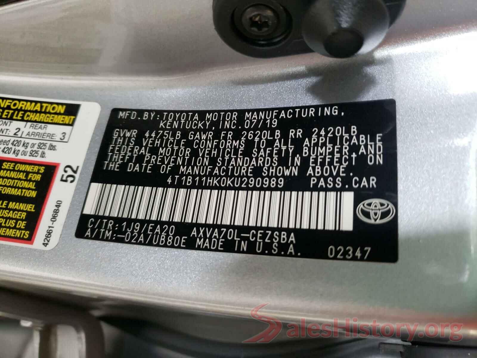 4T1B11HK0KU290989 2019 TOYOTA CAMRY