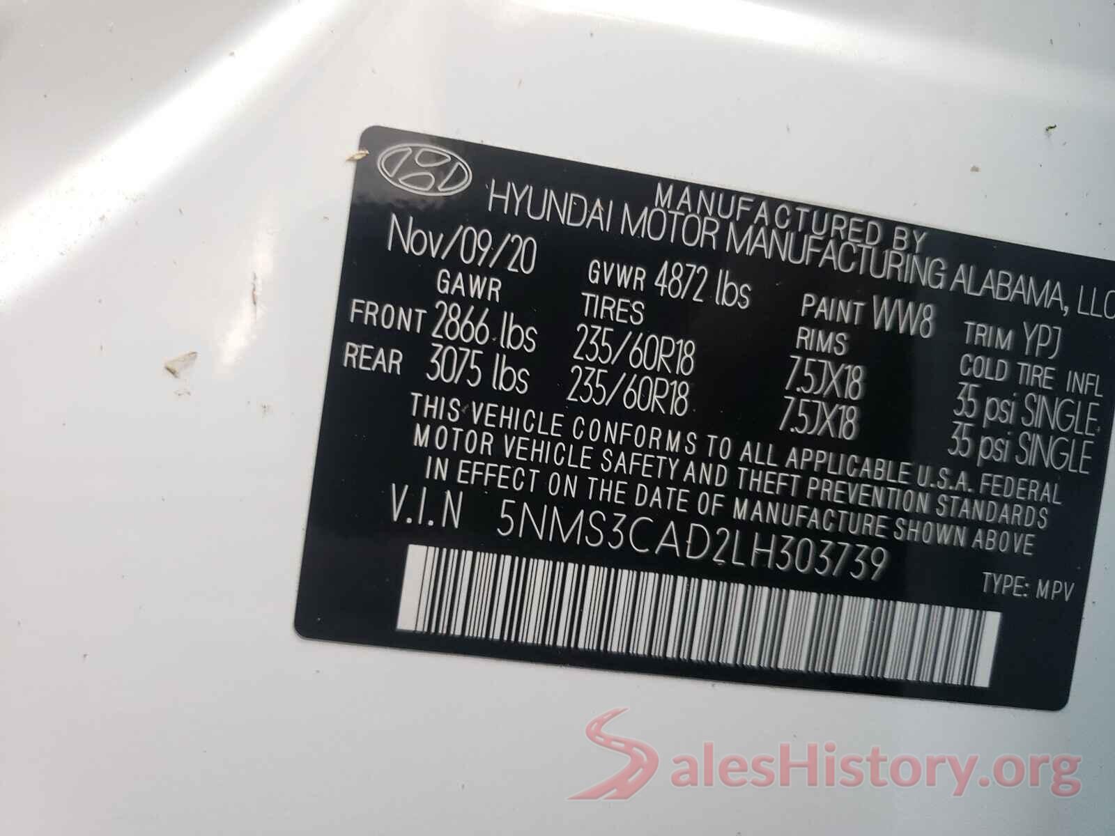 5NMS3CAD2LH303739 2020 HYUNDAI SANTA FE