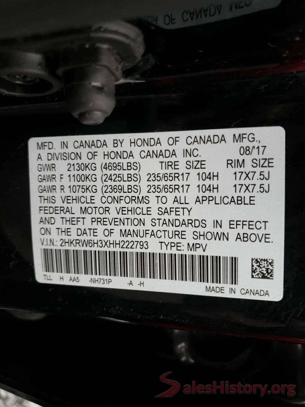 2HKRW6H3XHH222793 2017 HONDA CRV