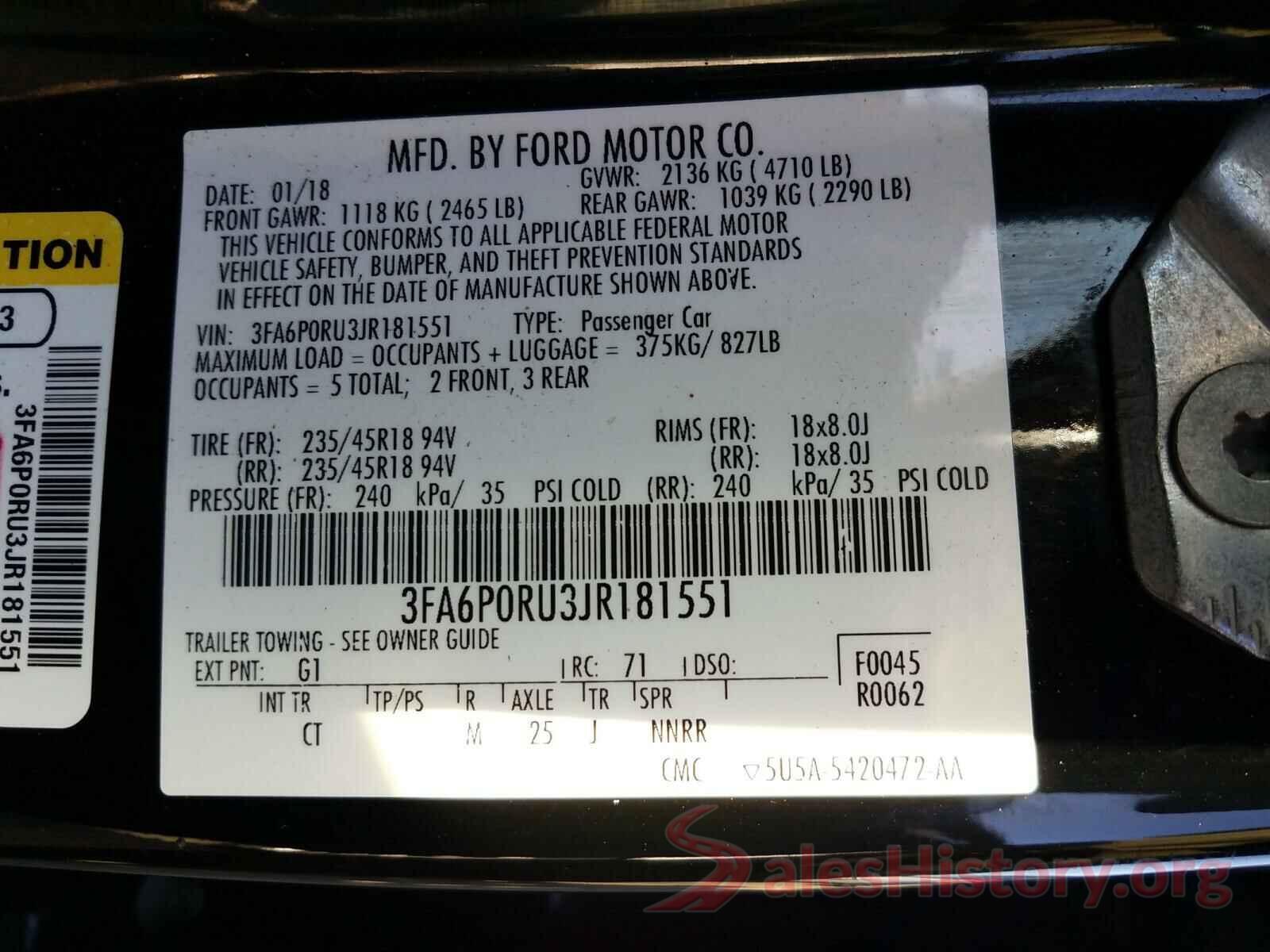 3FA6P0RU3JR181551 2018 FORD FUSION