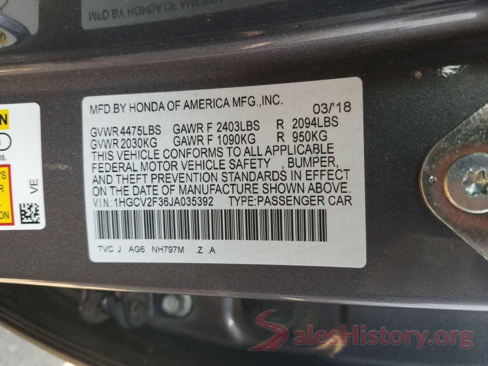 1HGCV2F36JA035392 2018 HONDA ACCORD