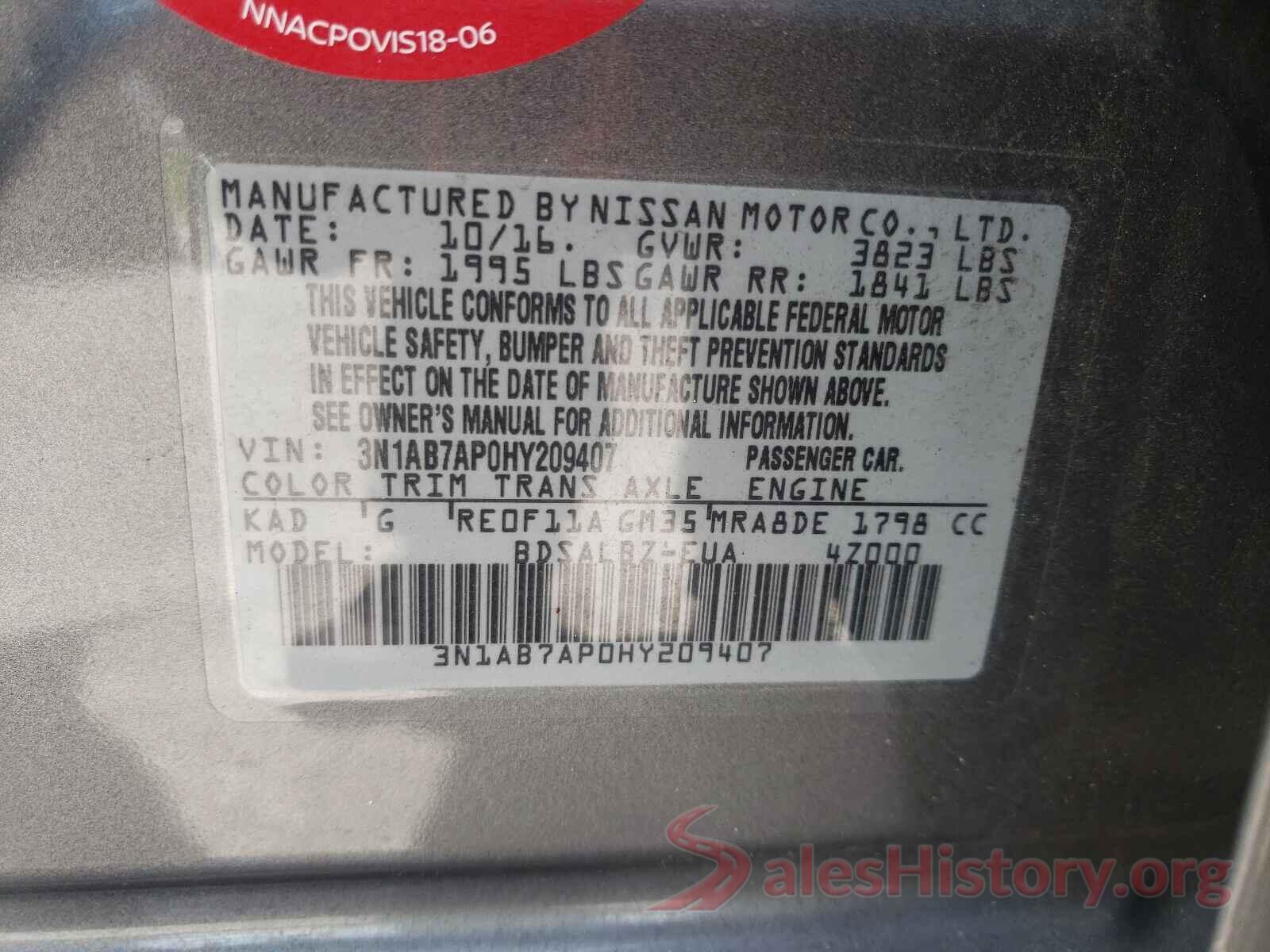 3N1AB7AP0HY209407 2017 NISSAN SENTRA