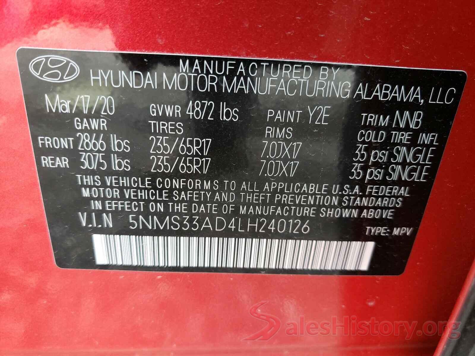 5NMS33AD4LH240126 2020 HYUNDAI SANTA FE