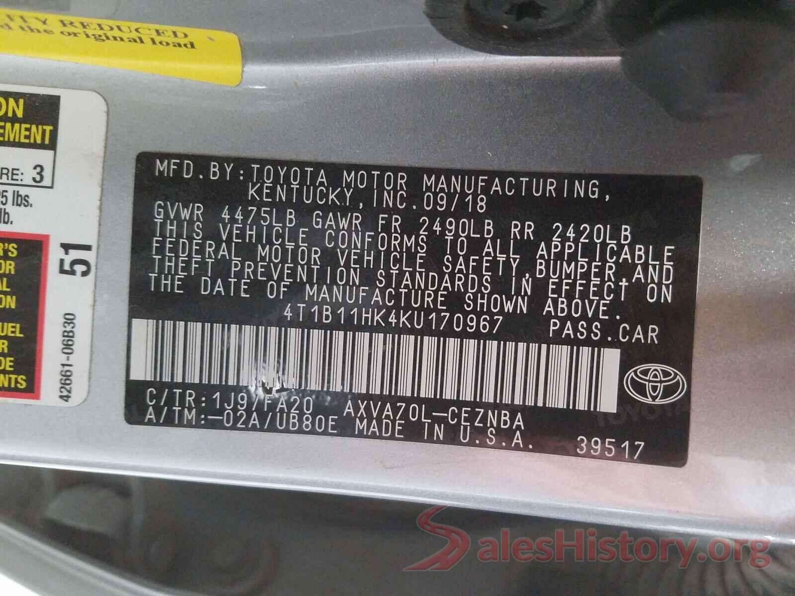 4T1B11HK4KU170967 2019 TOYOTA CAMRY