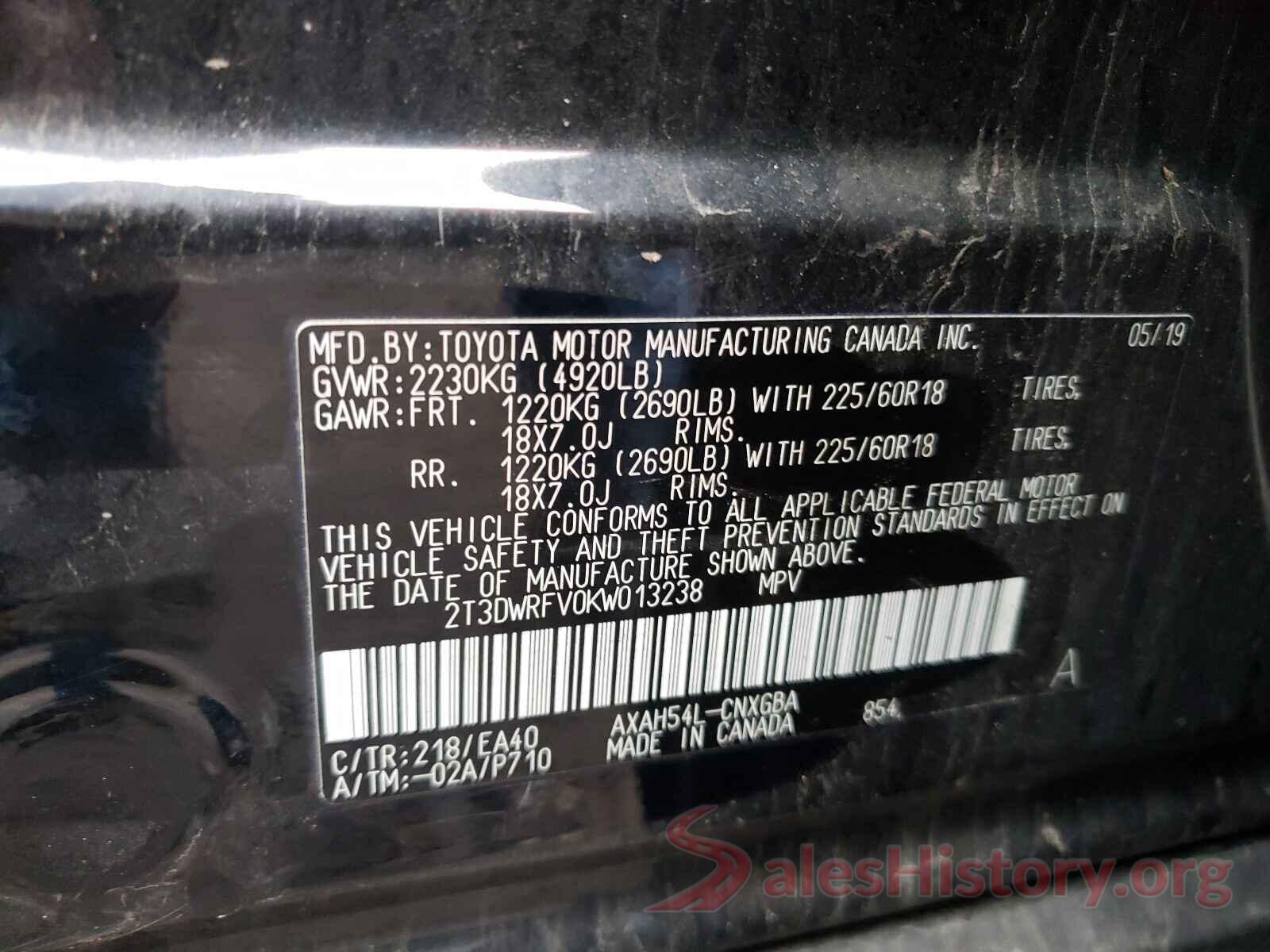 2T3DWRFV0KW013238 2019 TOYOTA RAV4