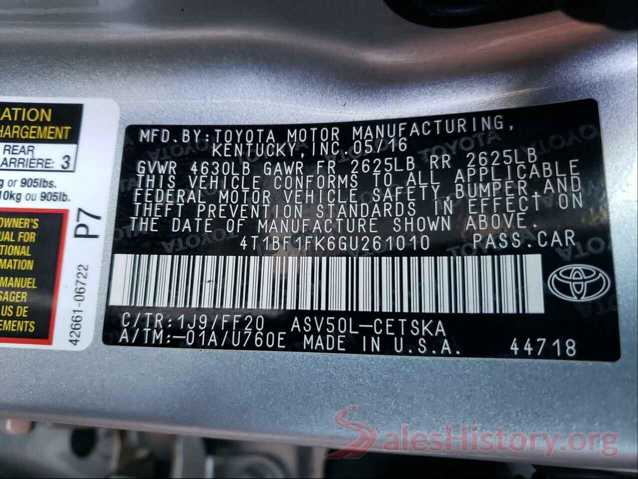 4T1BF1FK6GU261010 2016 TOYOTA CAMRY