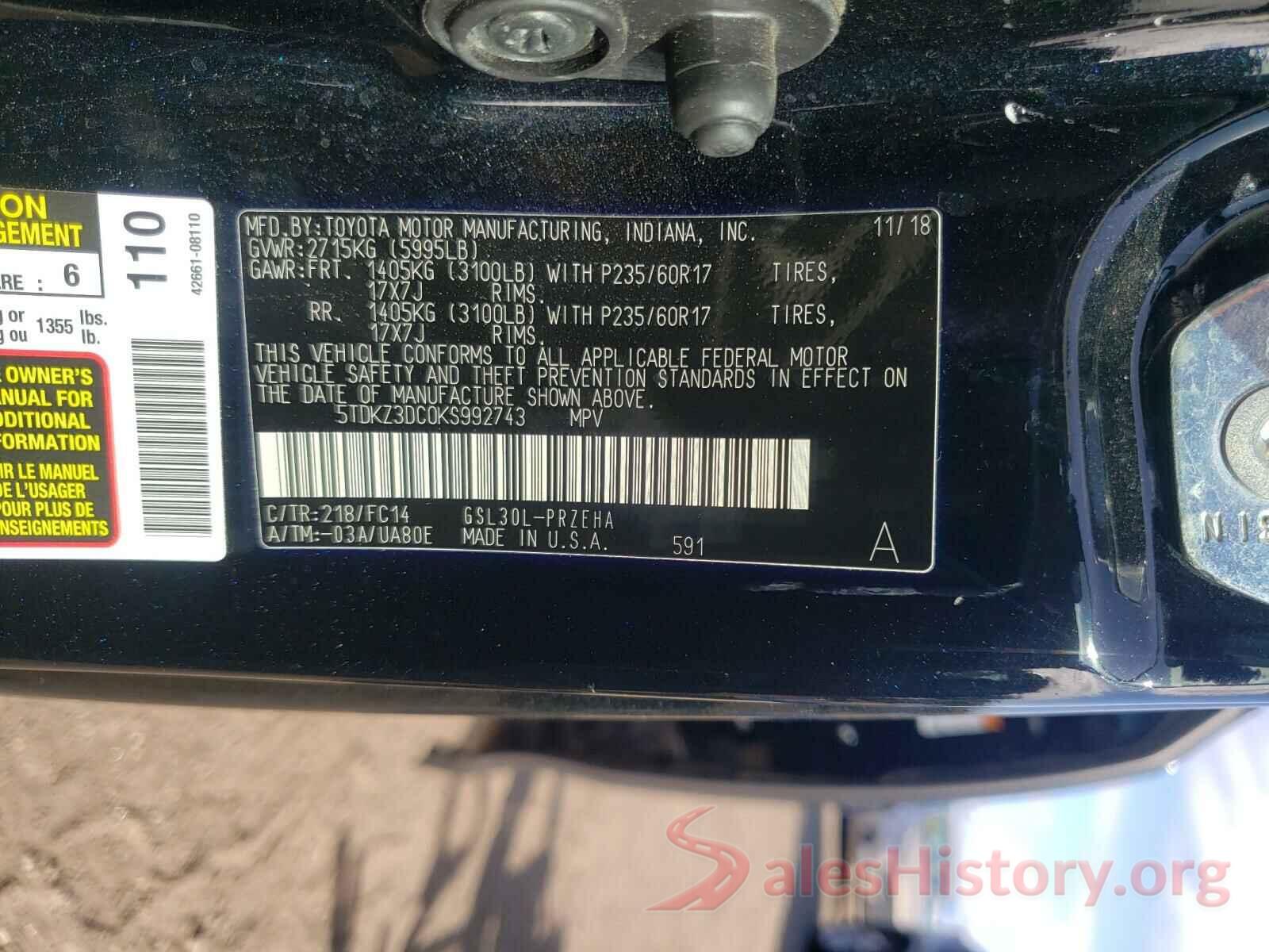 5TDKZ3DC0KS992743 2019 TOYOTA SIENNA