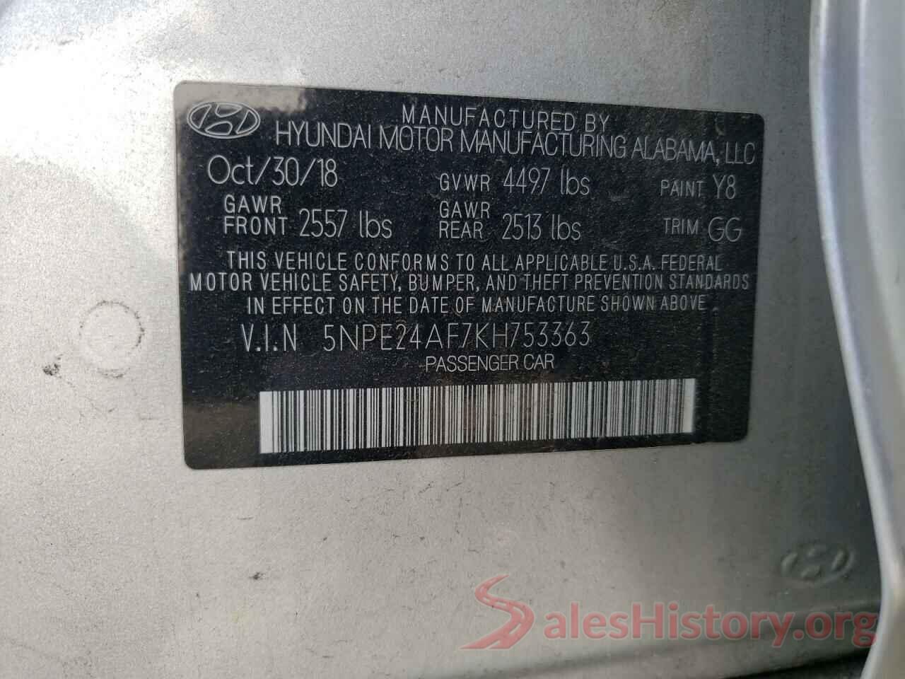 5NPE24AF7KH753363 2019 HYUNDAI SONATA