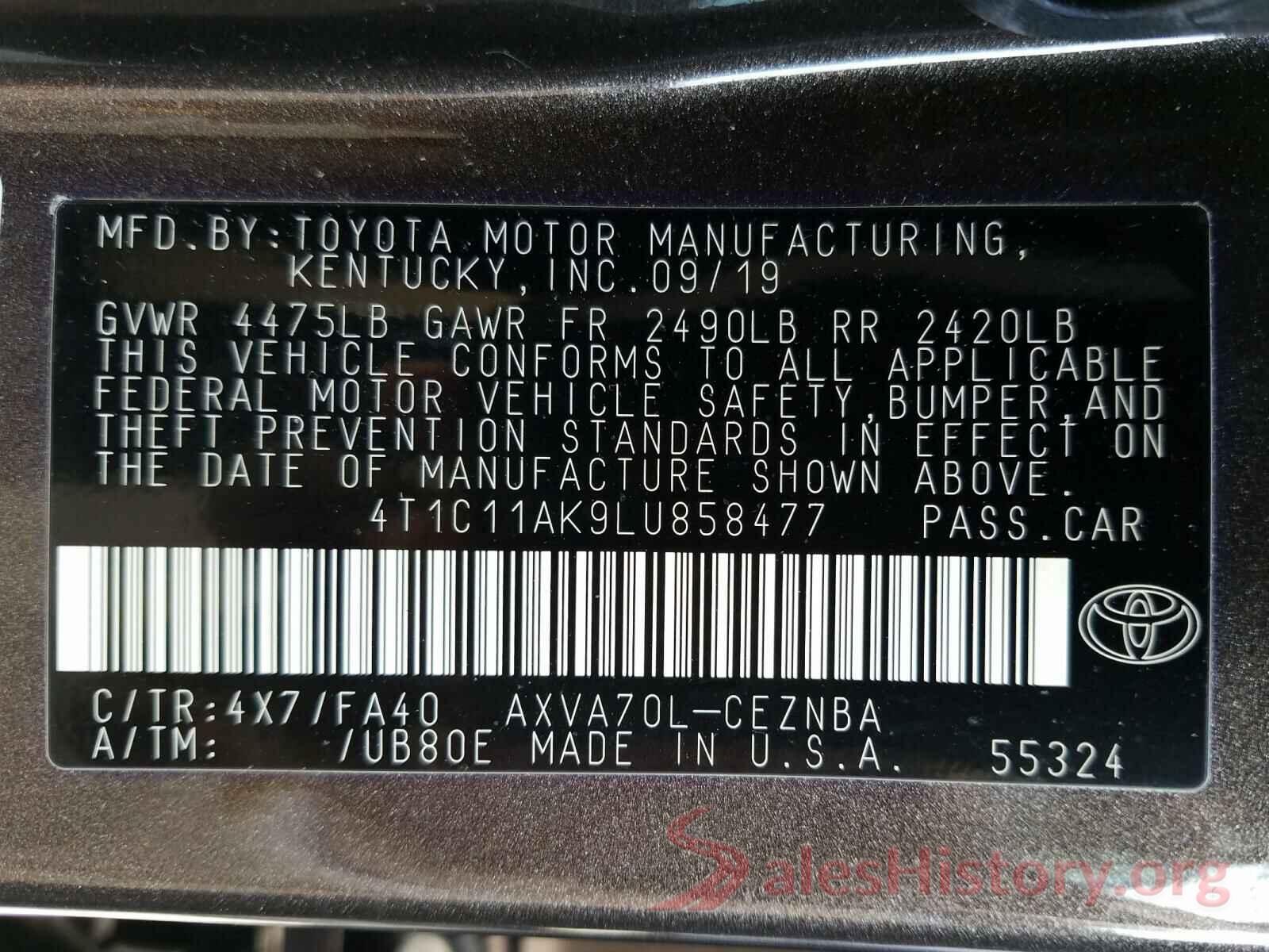 4T1C11AK9LU858477 2020 TOYOTA CAMRY